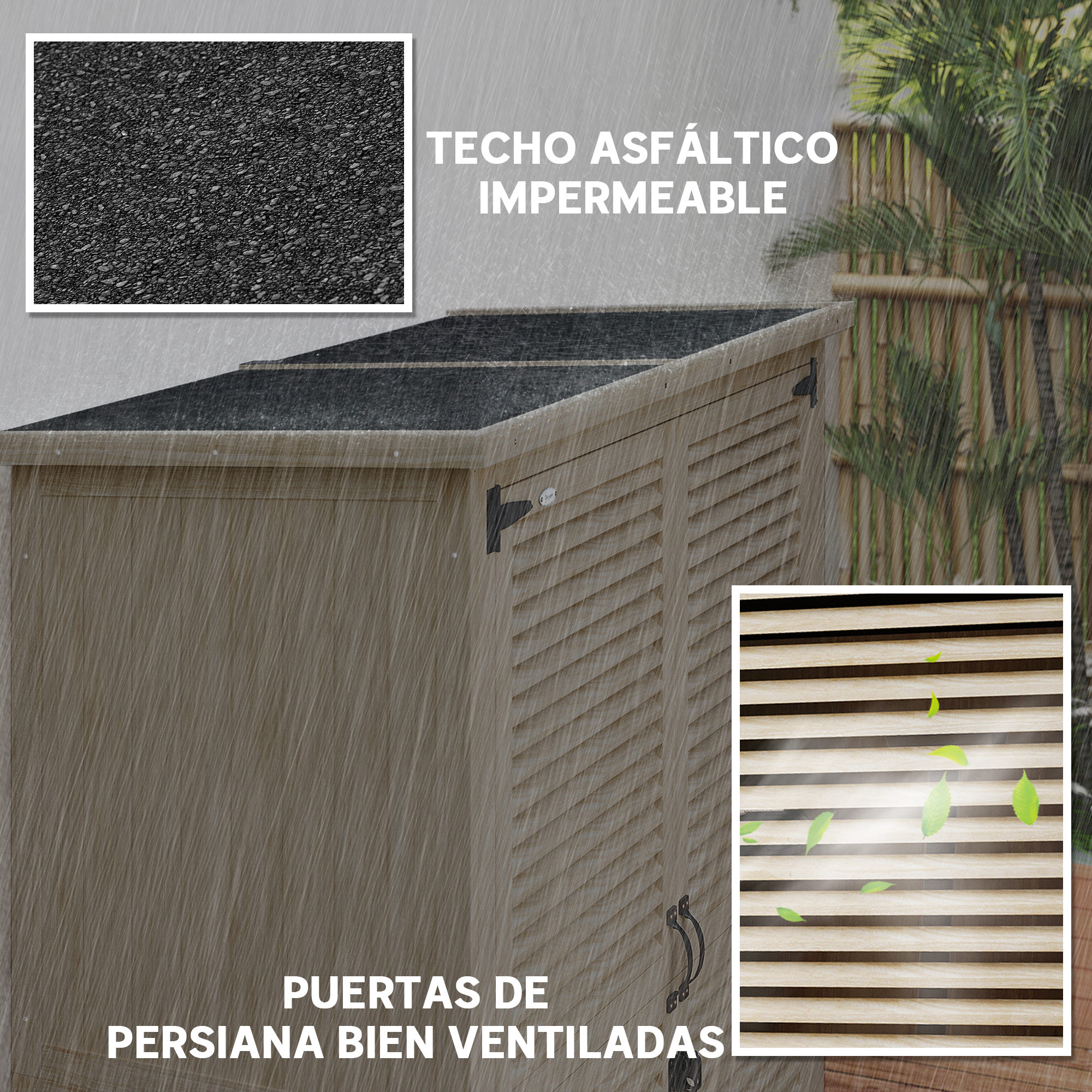 Cobertizo con techo asfáltico impermeable y puertas de persiana en la lluvia.