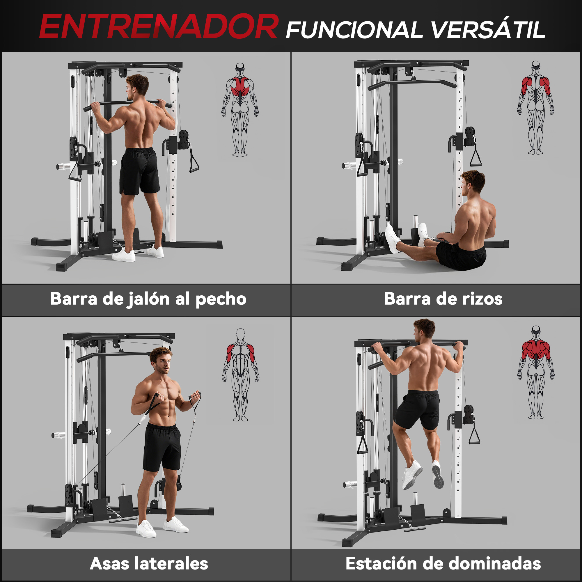 Un hombre se ejercita en una máquina versátil, mostrando cuatro ejercicios: dominadas, remo, poleas y fondos.