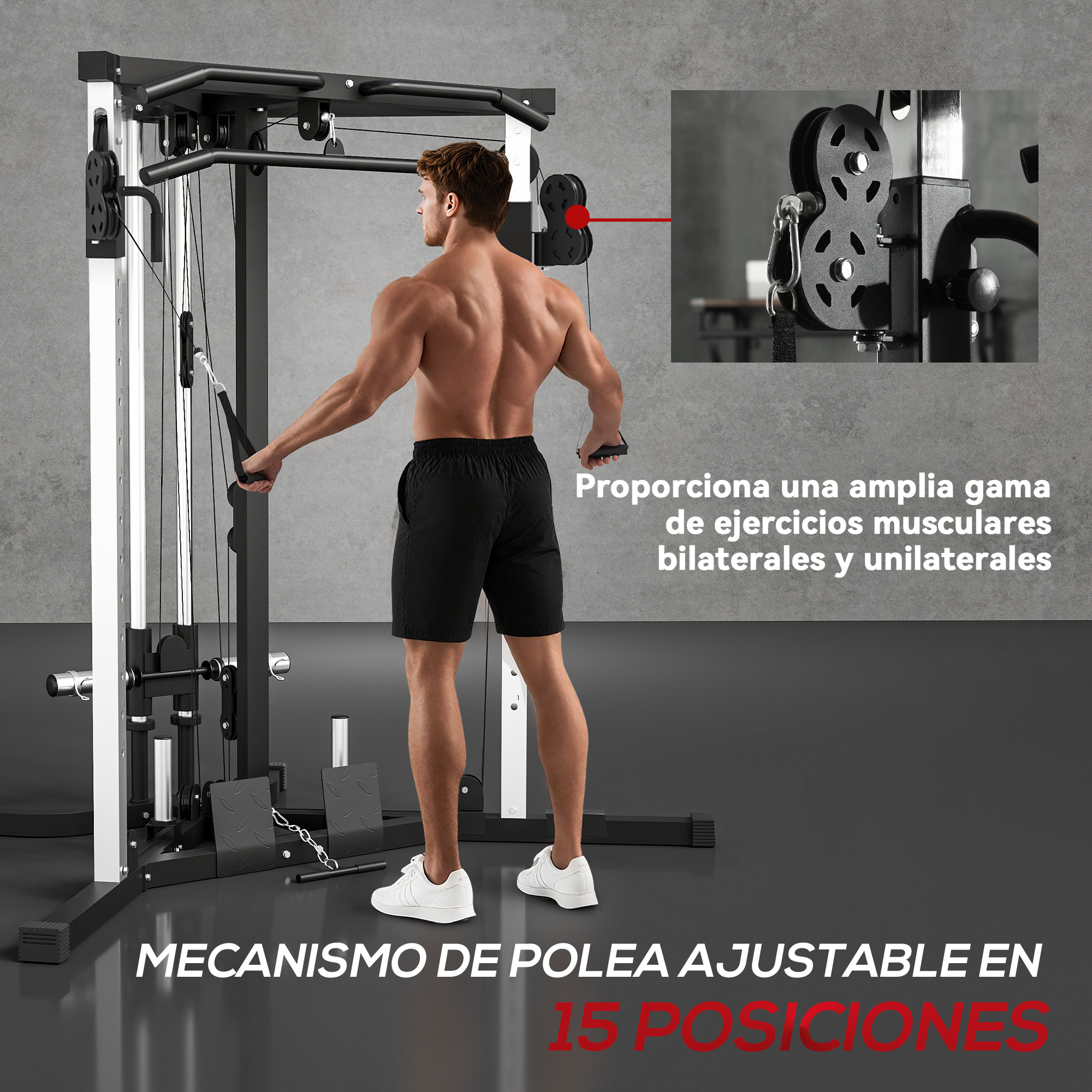 Un hombre se ejercita en un gimnasio en casa con poleas ajustables.