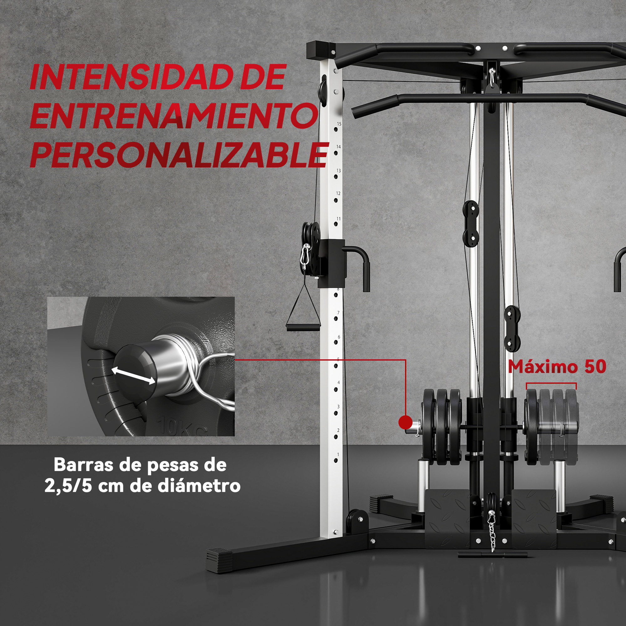 Equipo de gimnasio con torre de pesas y discos, personalizable.