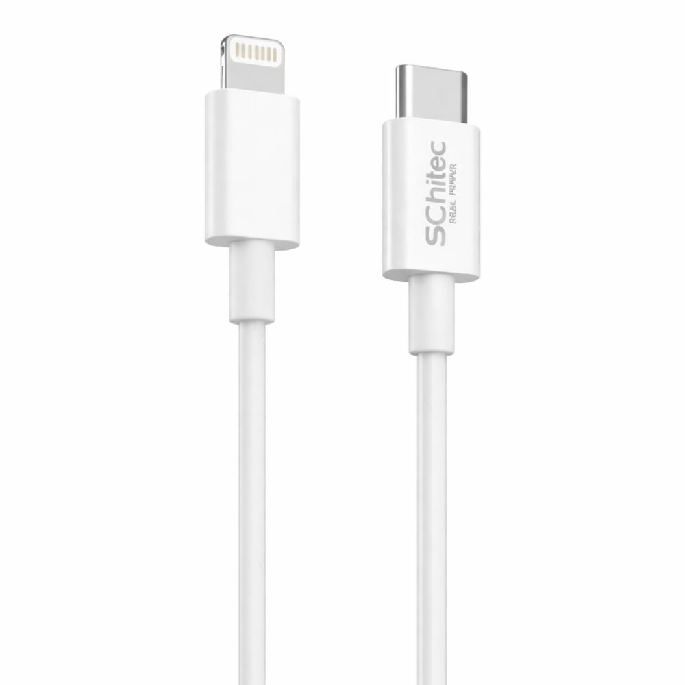 Yan yana iki beyaz şarj kablosu, biri Lightning konektörlü, diğeri USB-C.