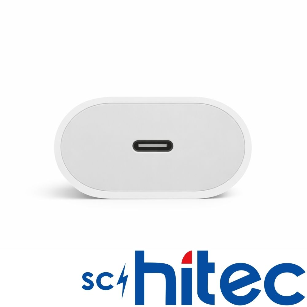 Şarj cihazında beyaz USB-C bağlantı noktası, altında 'schitec' logosu.