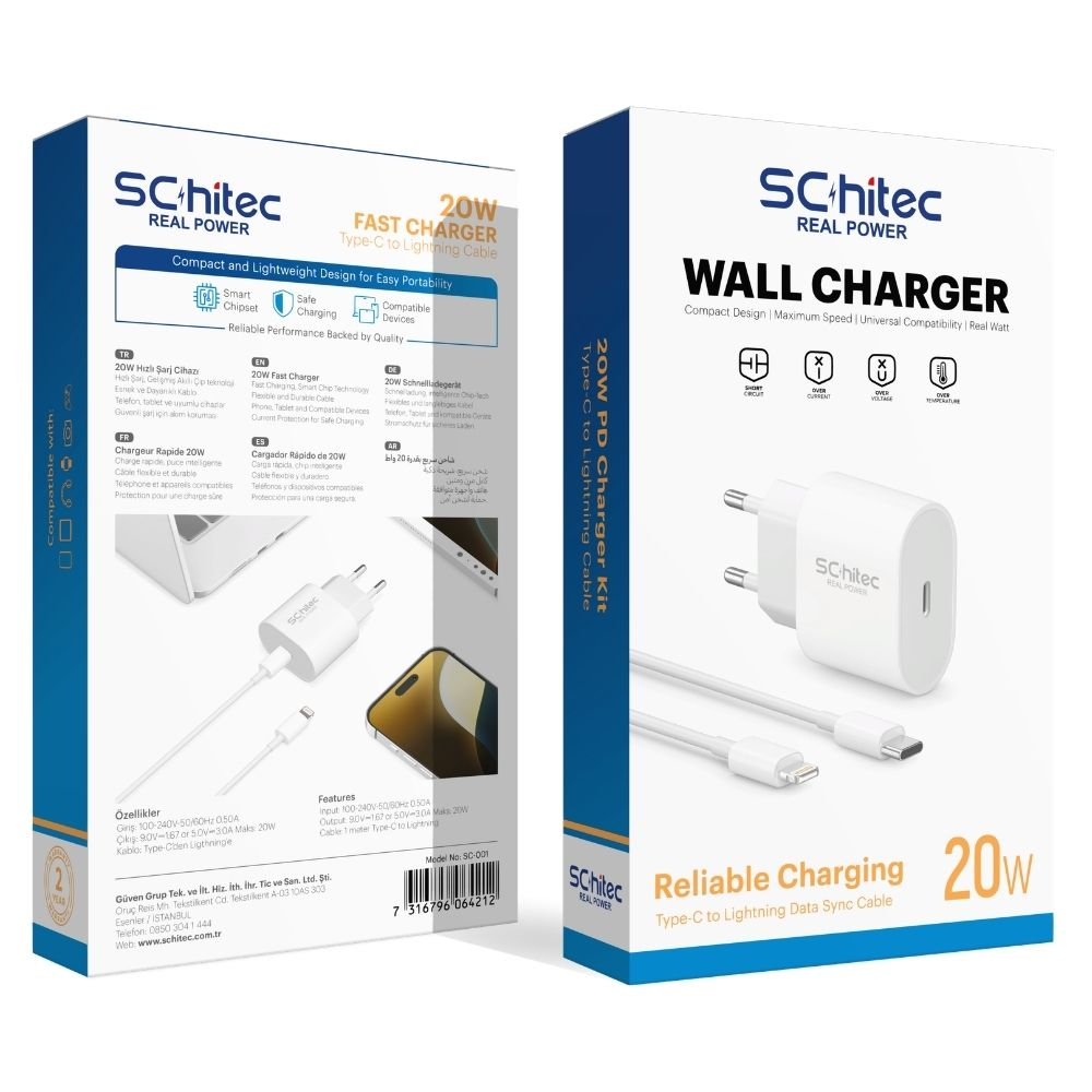 Schi-tec 20W hızlı şarj cihazı ve Type-C'den Lightning'e kablo ambalajı.