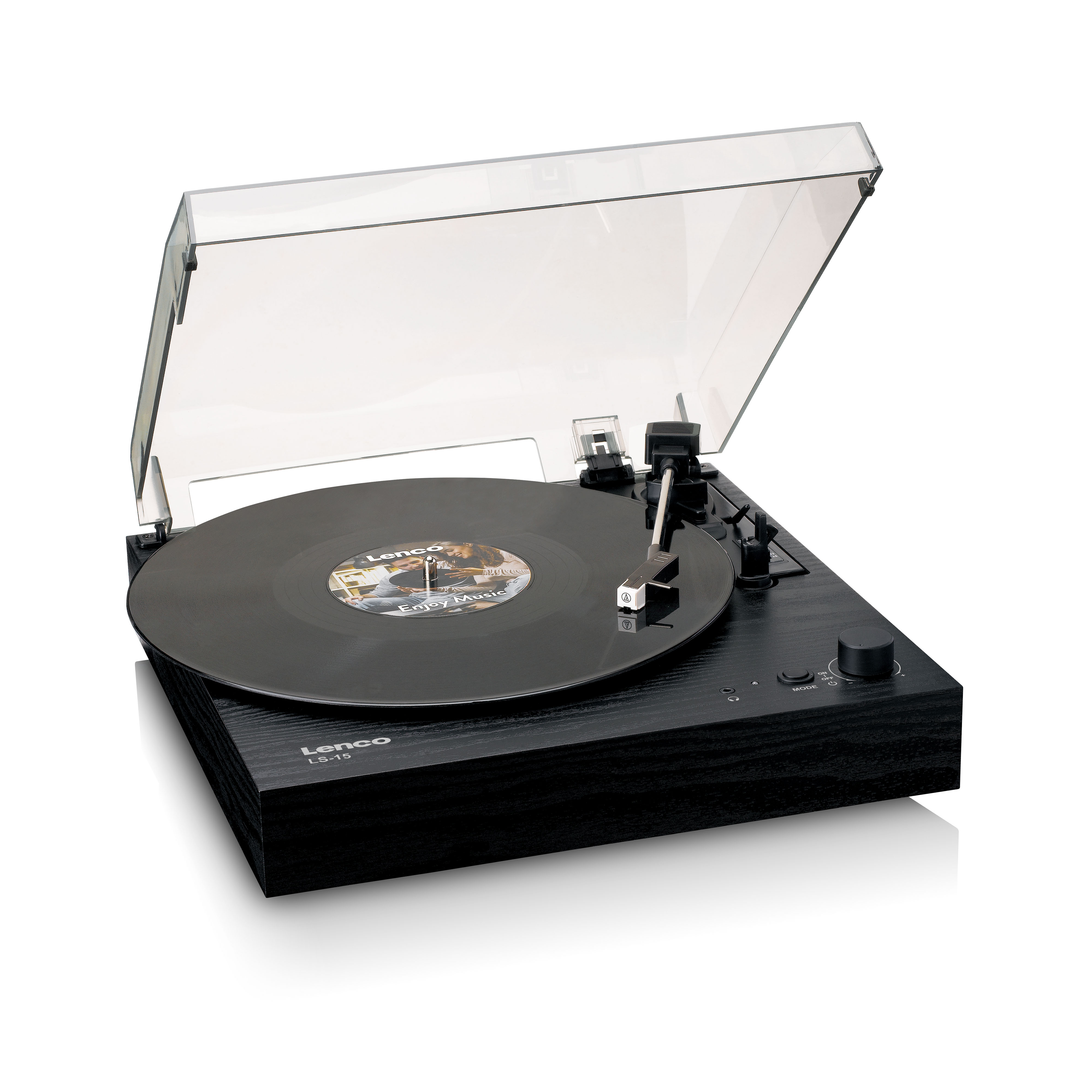 Black record player with a vinyl record on it and an open clear dust cover.