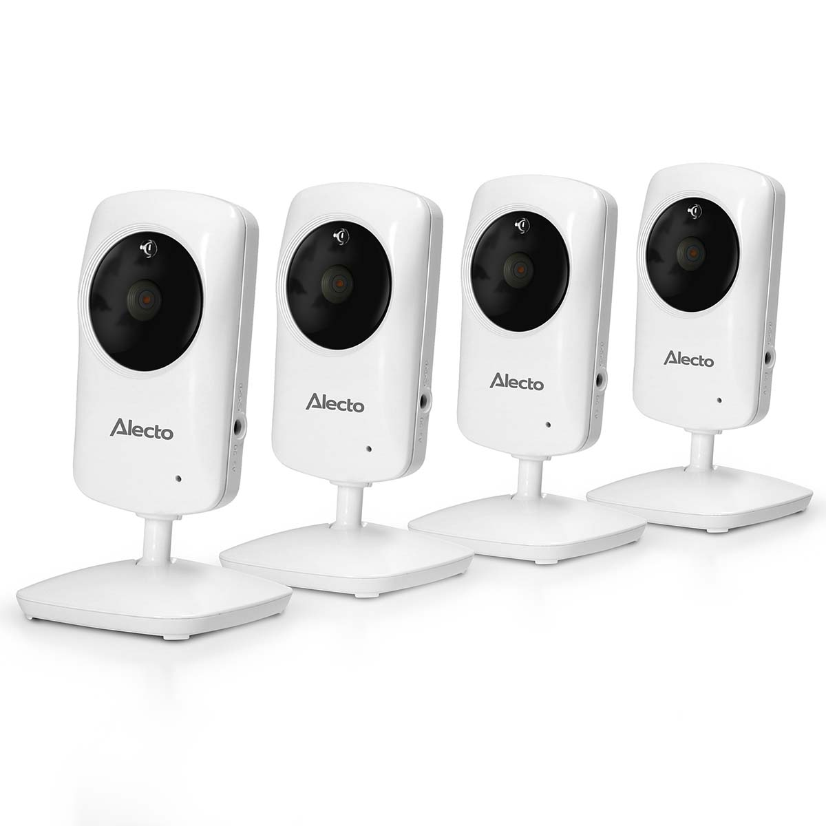 Four white Alecto baby monitors with black lenses stand in a row on white bases.