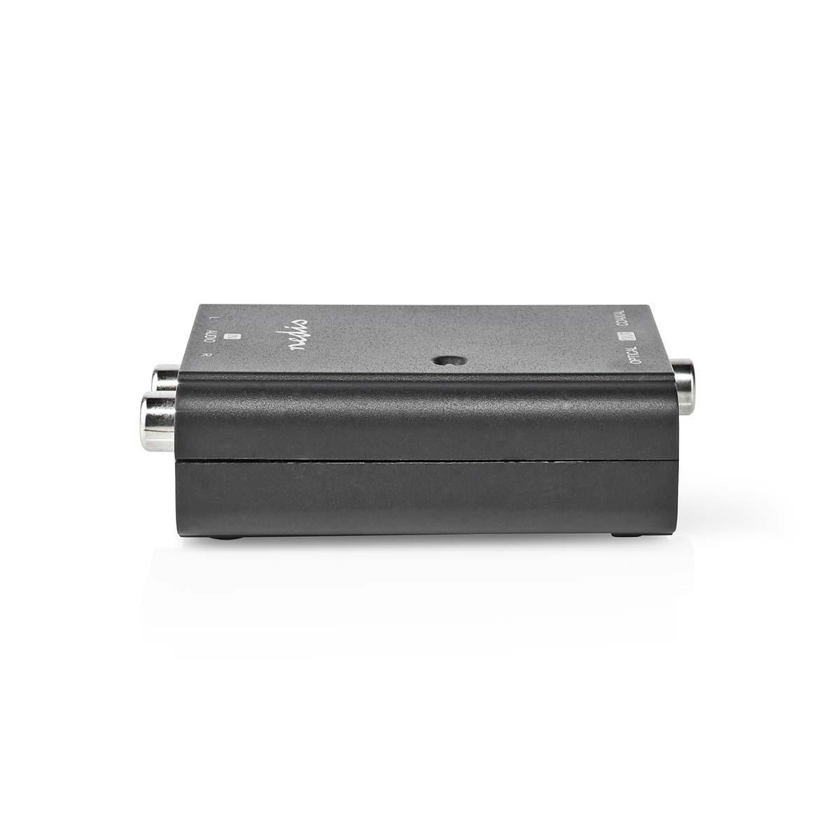 Schwarzer Audio-Konverter mit RCA- und optischen/koaxialen Anschlüssen.