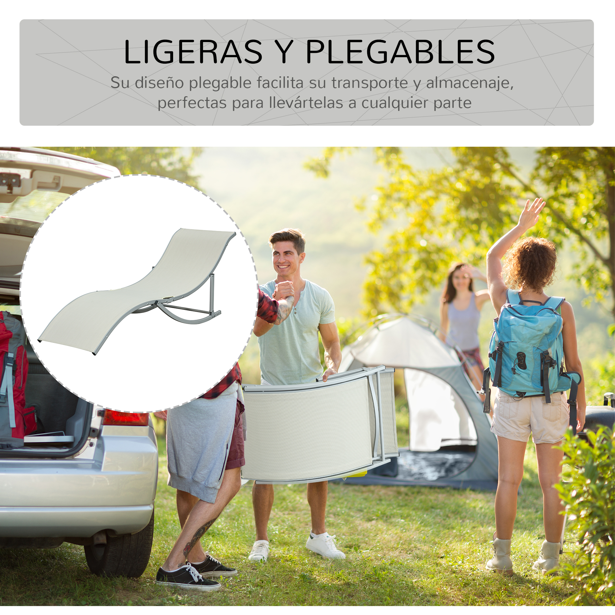 Gente descargando tumbonas de un coche para acampar. Ligeras y plegables.