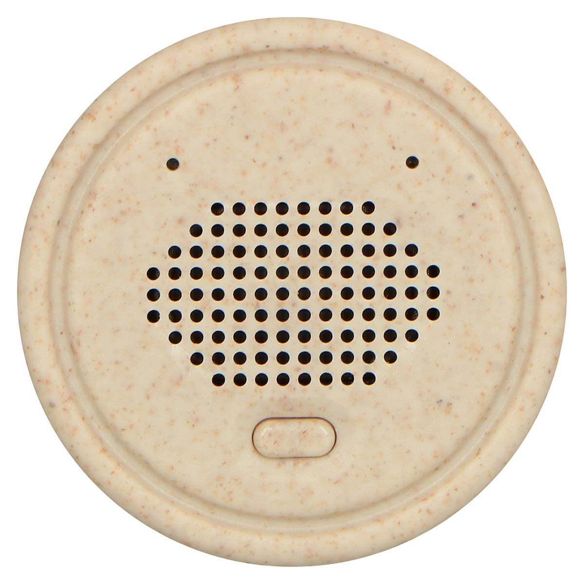 Beige round top with hole pattern and two dots, like a face.