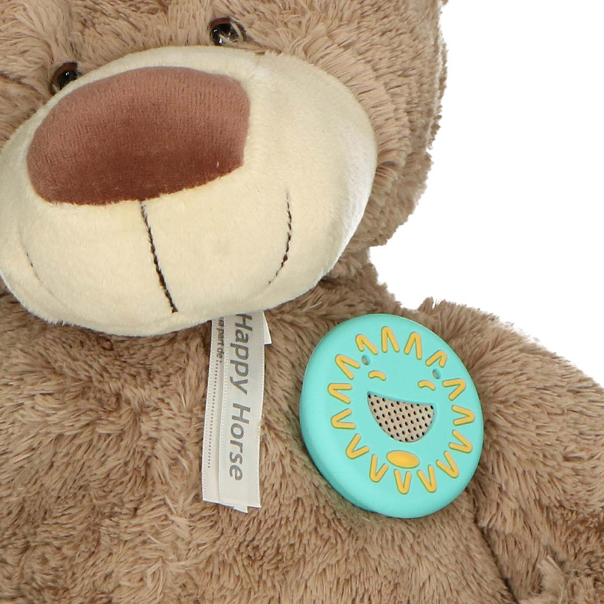 A brown teddy bear with a blue tag featuring a smiling sun face and sun rays.