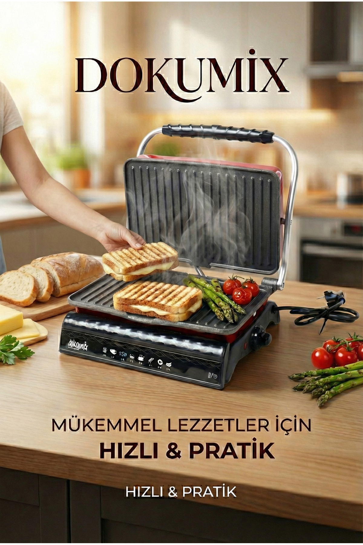 Ahşap yüzeyde sandviçler, kuşkonmaz ve domates bulunan bir tost makinesi.