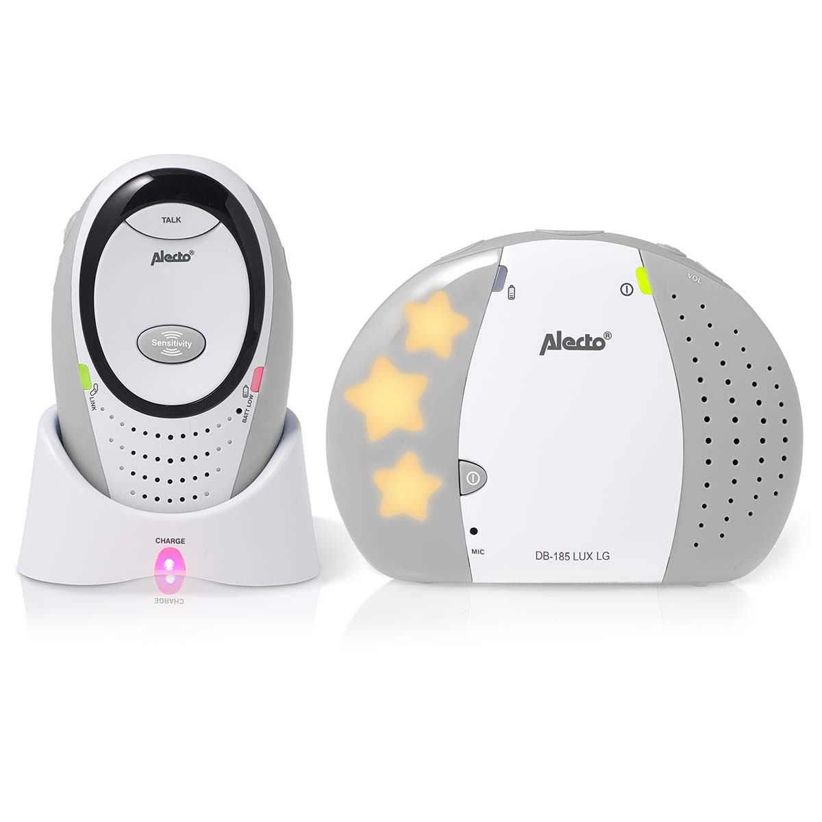 Alecto baby monitor: parent unit on charger, baby unit with stars.