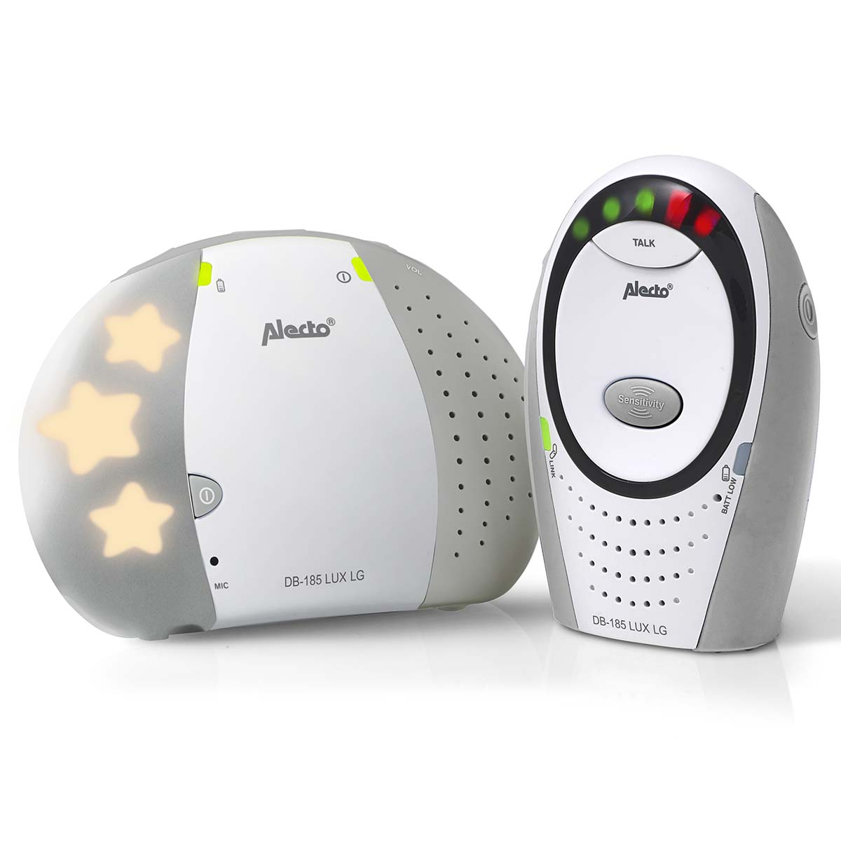 Two Alecto baby monitors: a parent unit and a baby unit with star lights.