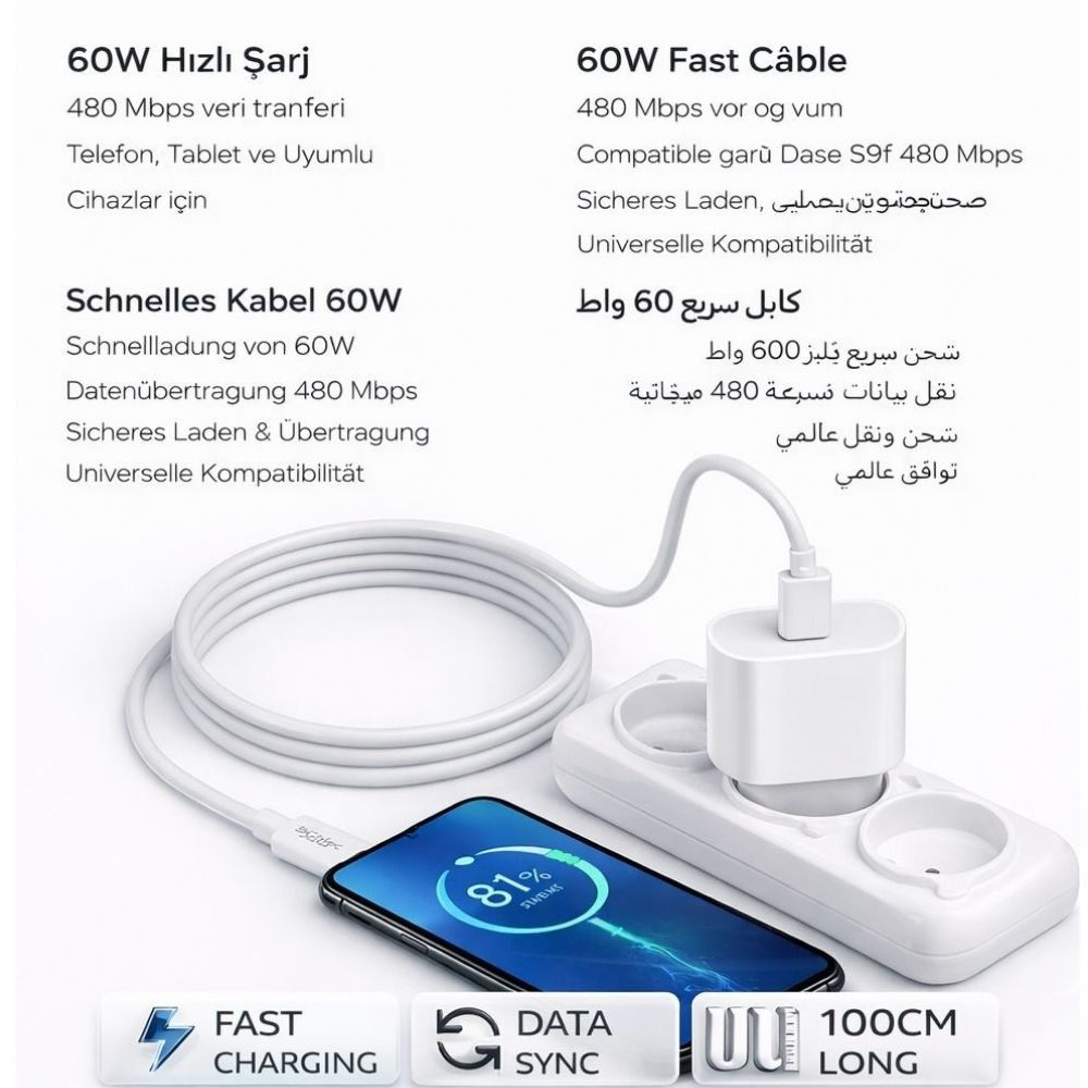 Beyaz şarj kablosu ve fişi, %81 şarj olan bir akıllı telefonu şarj ediyor.
