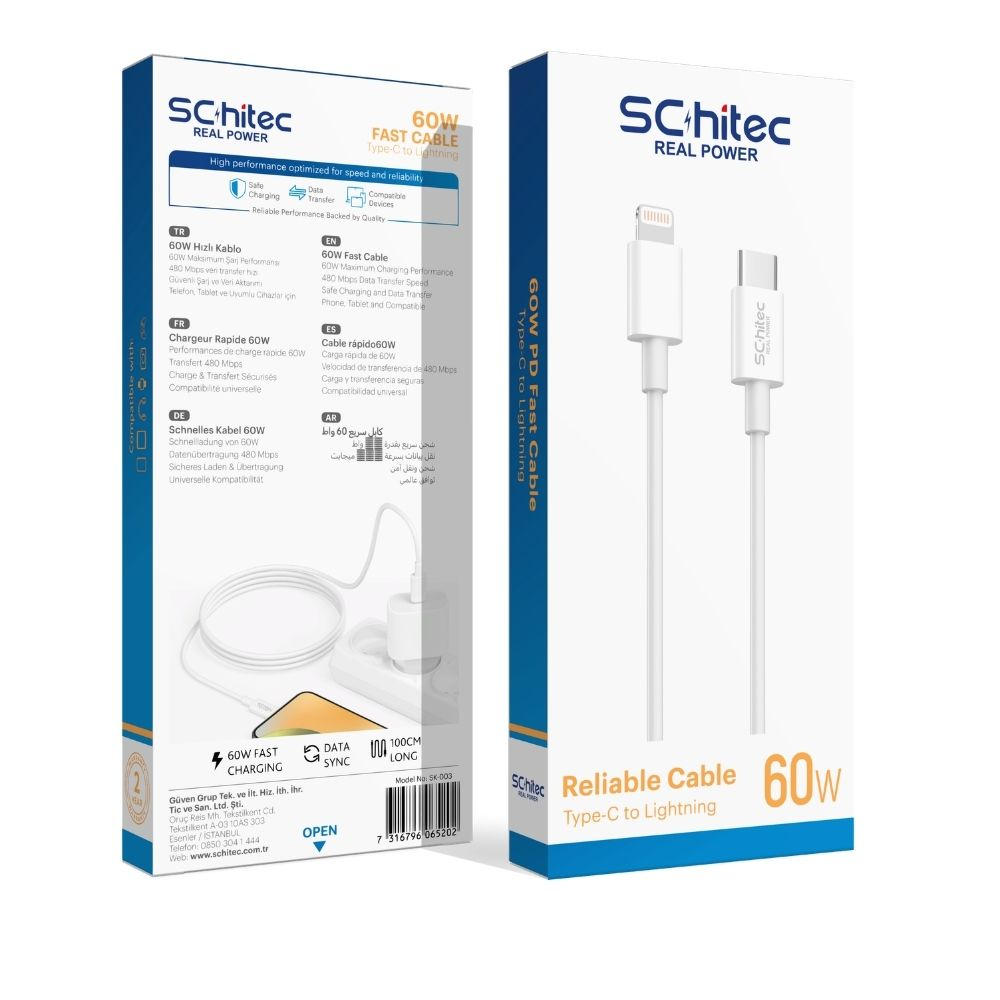 İki beyaz Schitec 60W Type-C - Lightning kablosunu içeren paket.