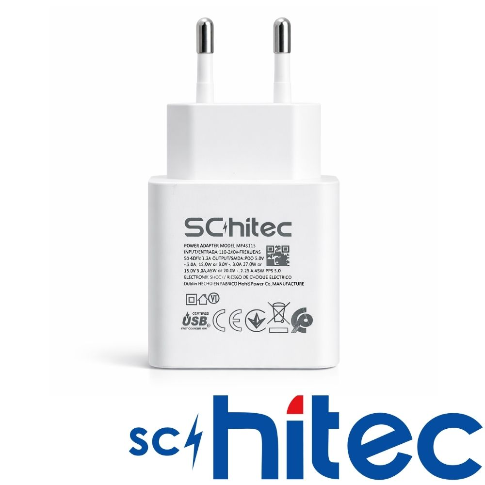 Schi-tec logosu ve teknik detayları olan beyaz bir USB güç adaptörü.