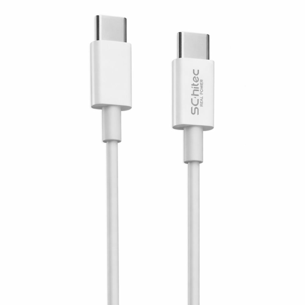 Bir konnektöründe Schitec markası bulunan iki beyaz USB-C kablosu.