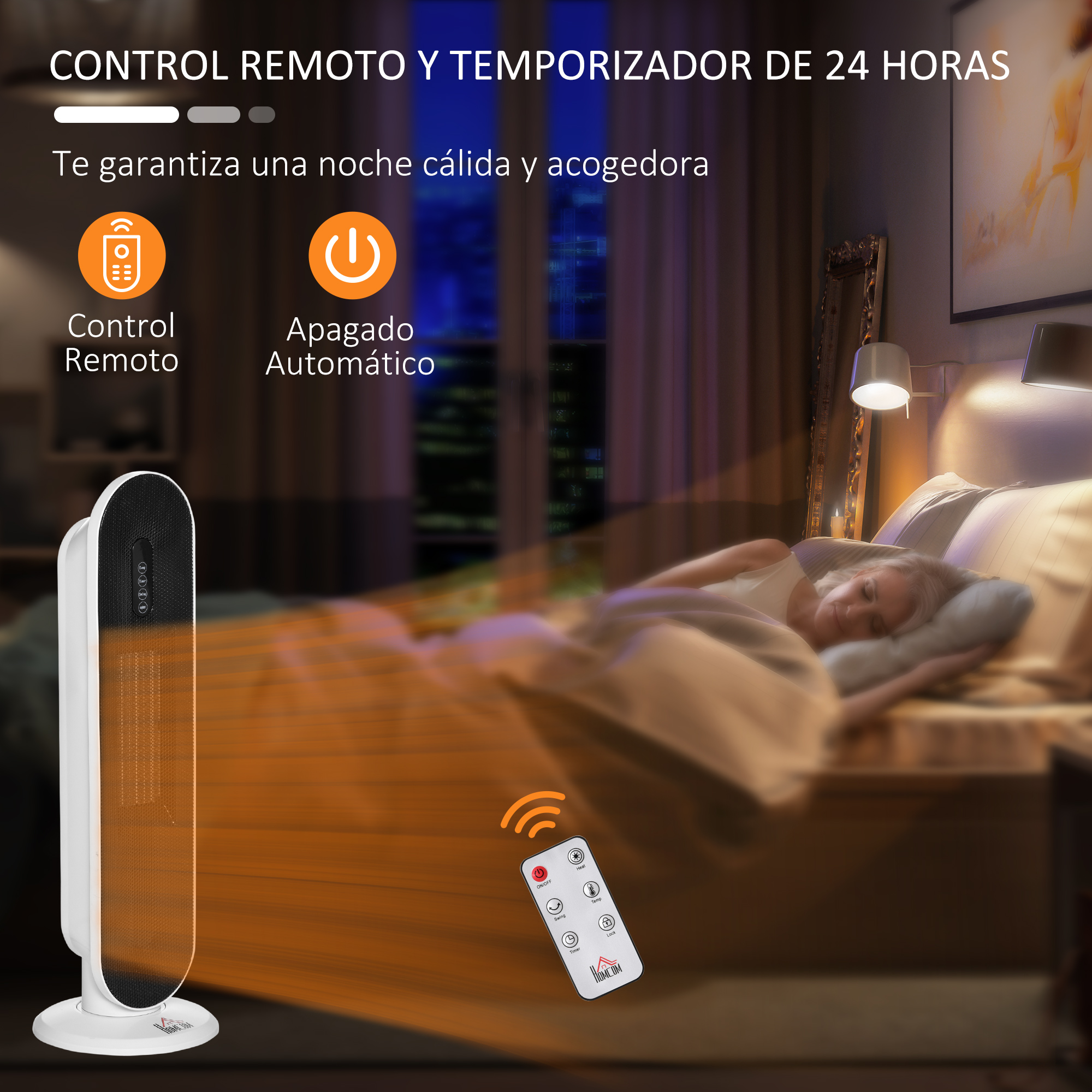 Un calefactor de torre blanco con mando a distancia calienta un dormitorio donde duerme una mujer.