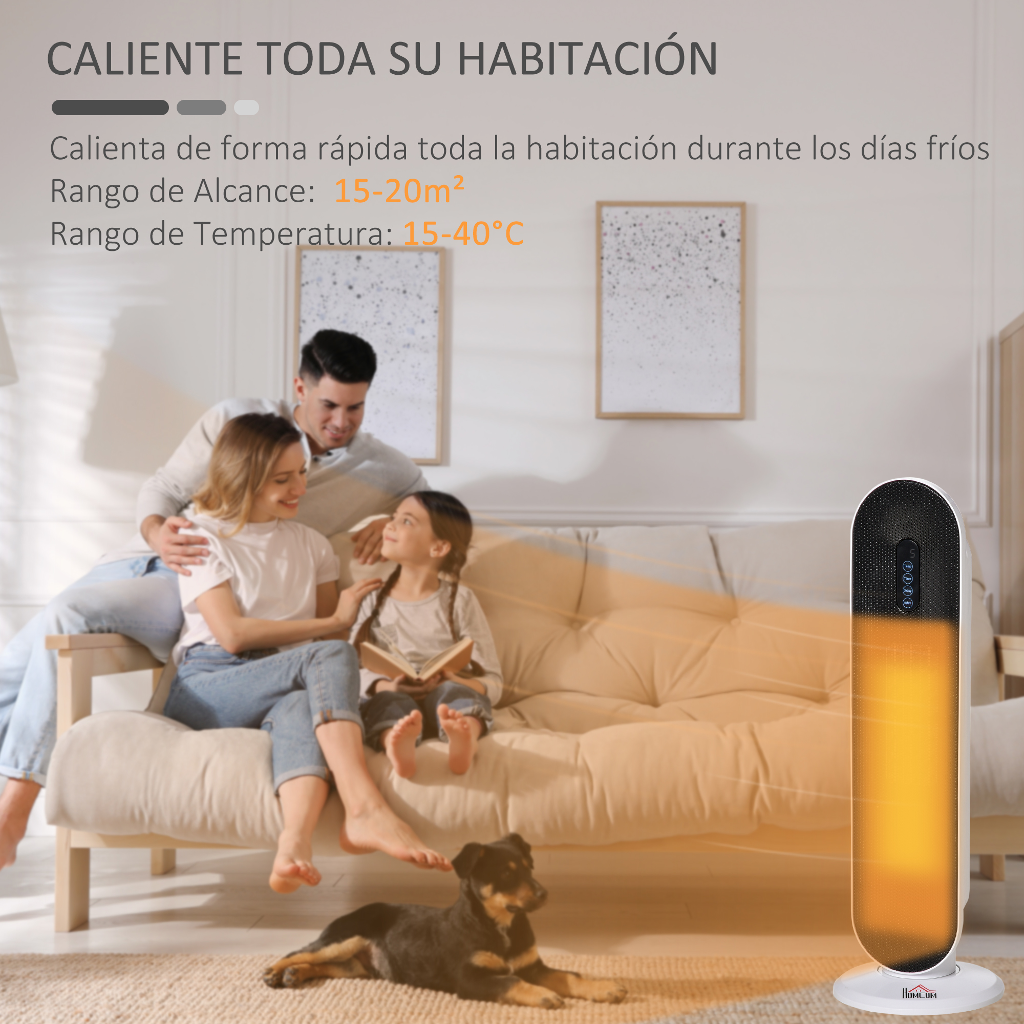 Una familia y un perro se relajan cerca de un calentador en una sala.
