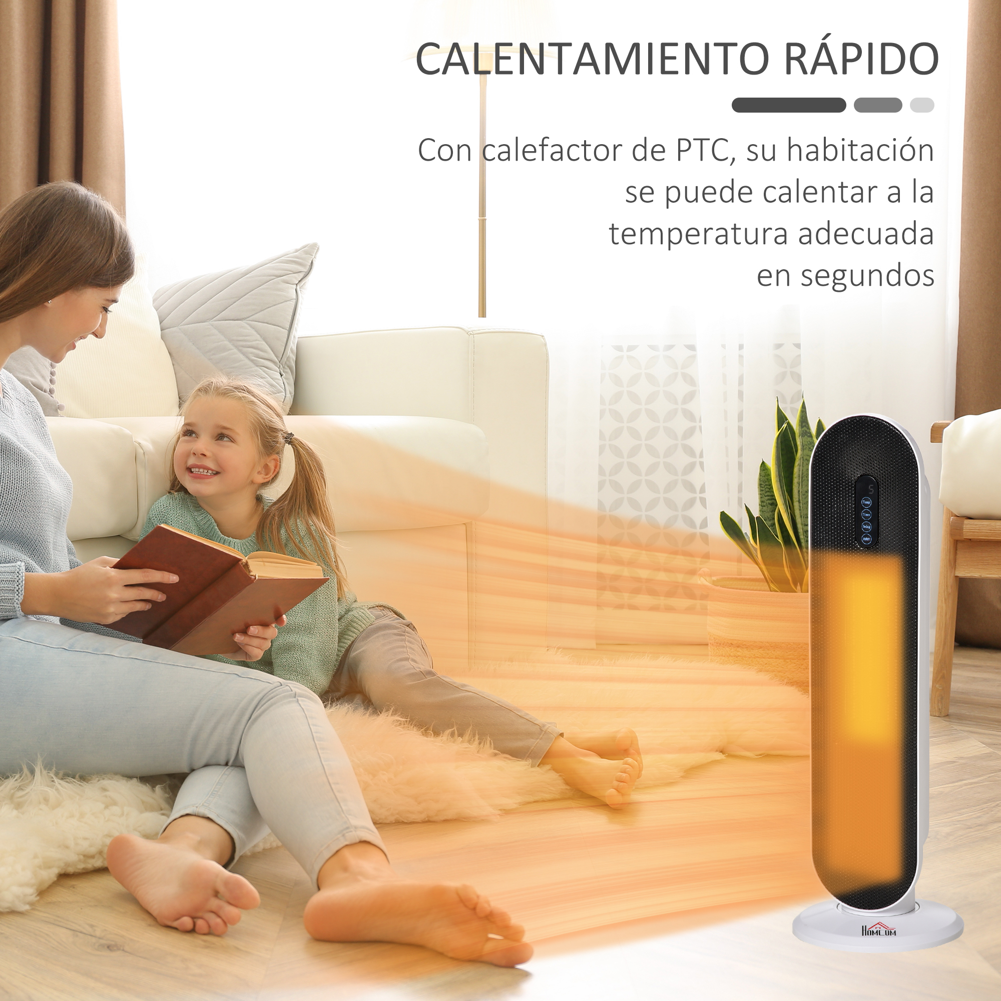 Una mujer y un niño leen un libro mientras un calentador calienta la habitación.