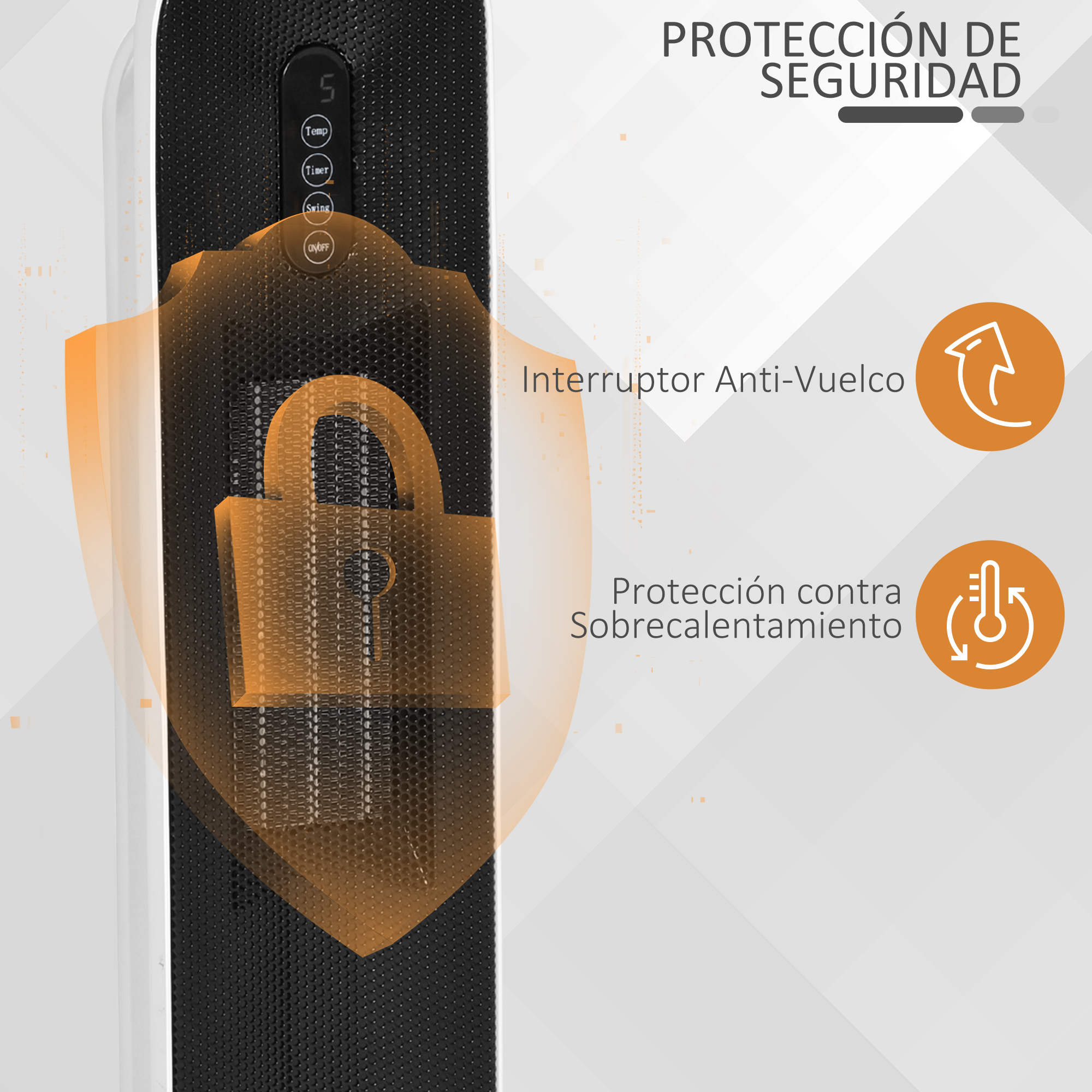Un calefactor de torre negro con funciones de seguridad: antivuelco y protección.