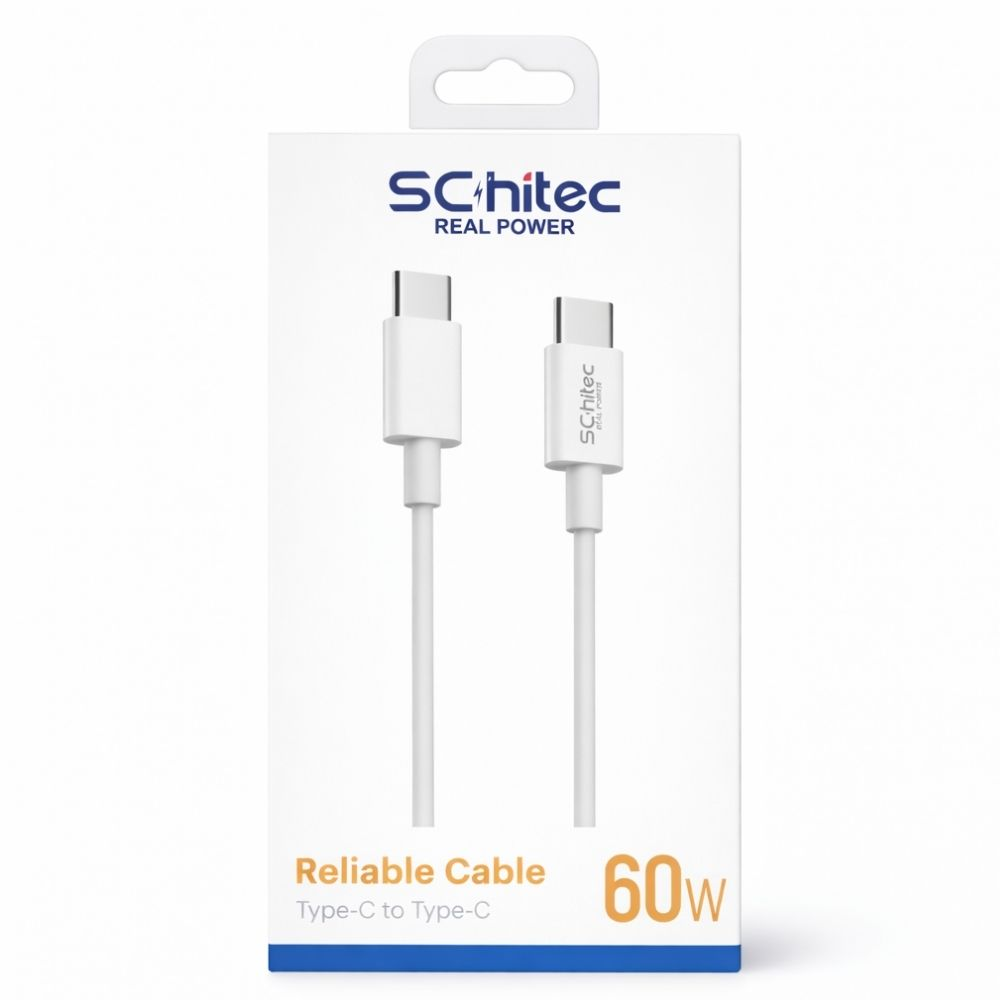 İki beyaz Schitec USB-C'den USB-C'ye kablolu paket, 60W.