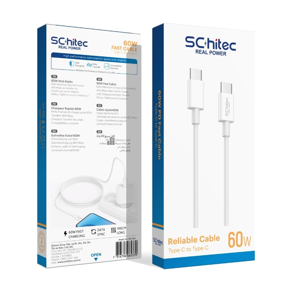 60W USB-C kablo ambalajı, iki beyaz kablo ve konektör gösteriyor.