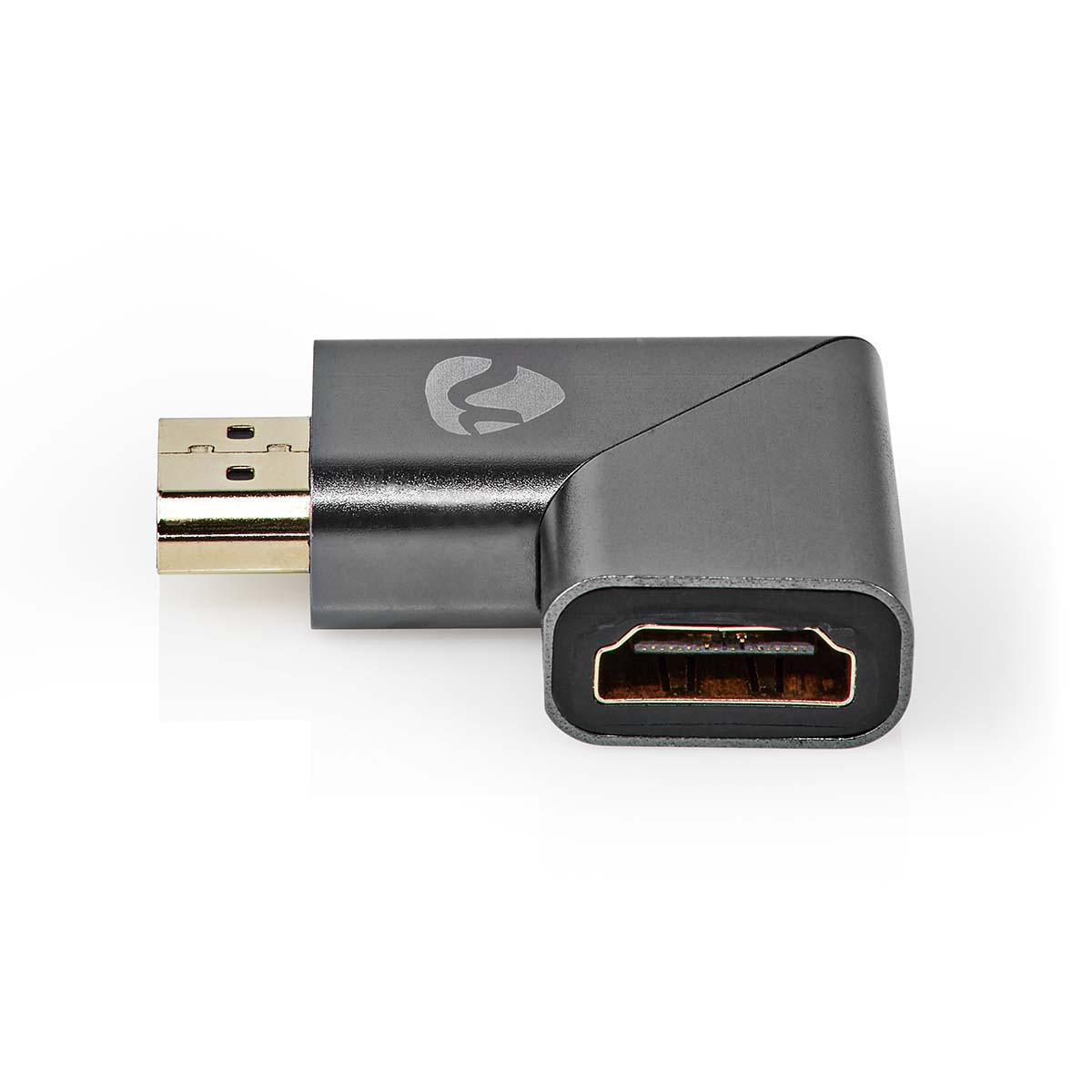 Un adattatore HDMI grigio angolato con una spina e una presa.