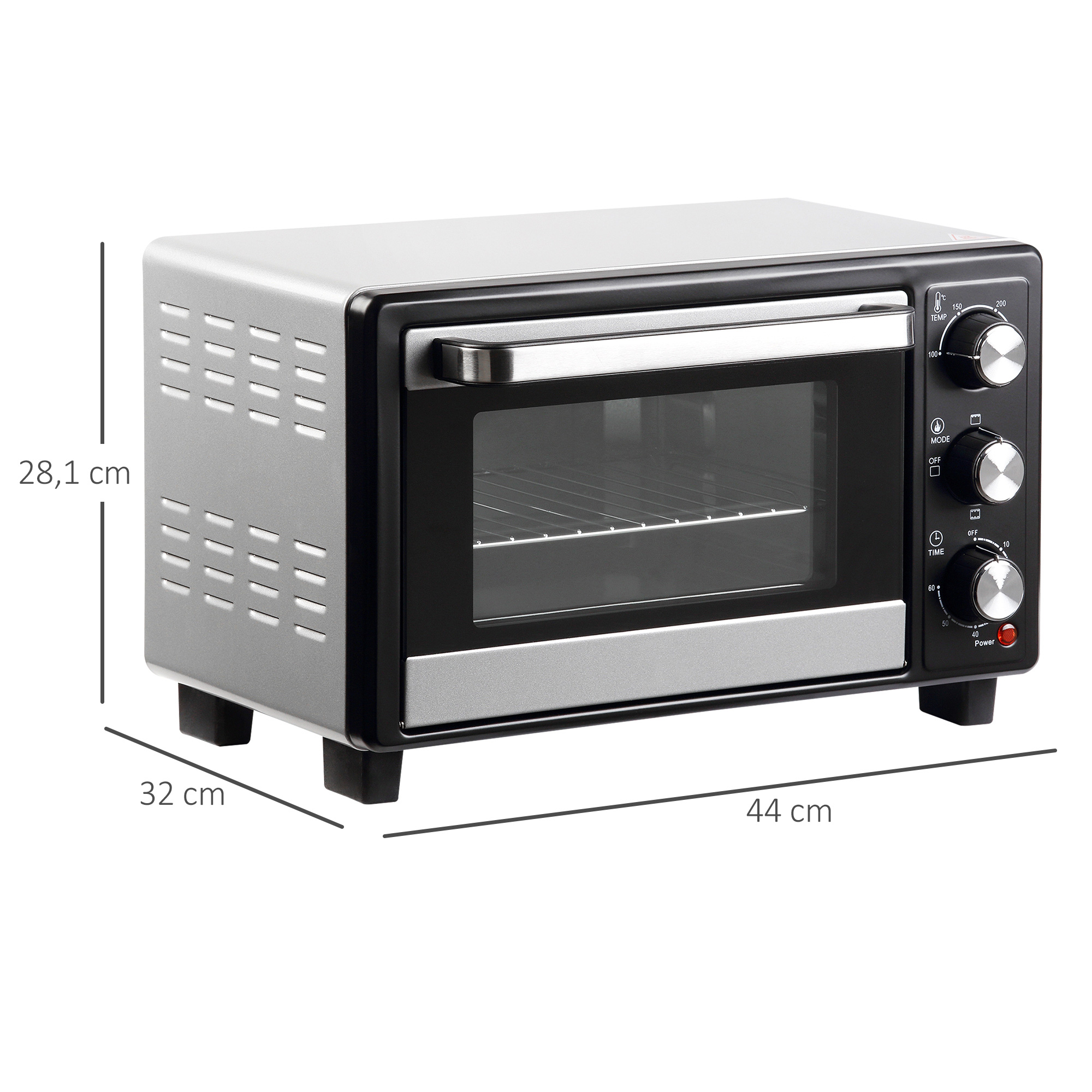 Un horno de sobremesa compacto, plateado y negro, con tres mandos y un asa.