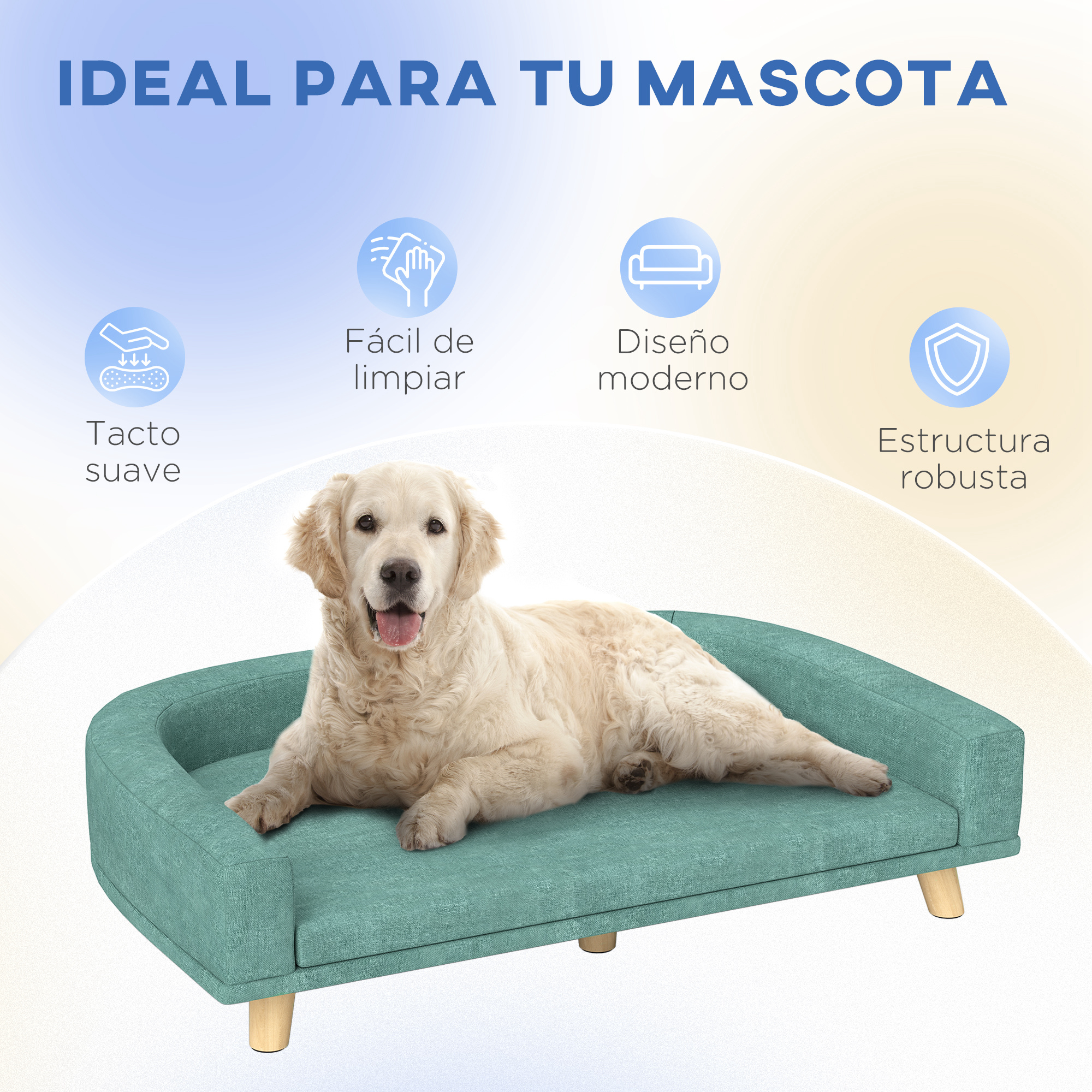 Un Golden Retriever descansa sobre una cama para perros turquesa con patas de madera.