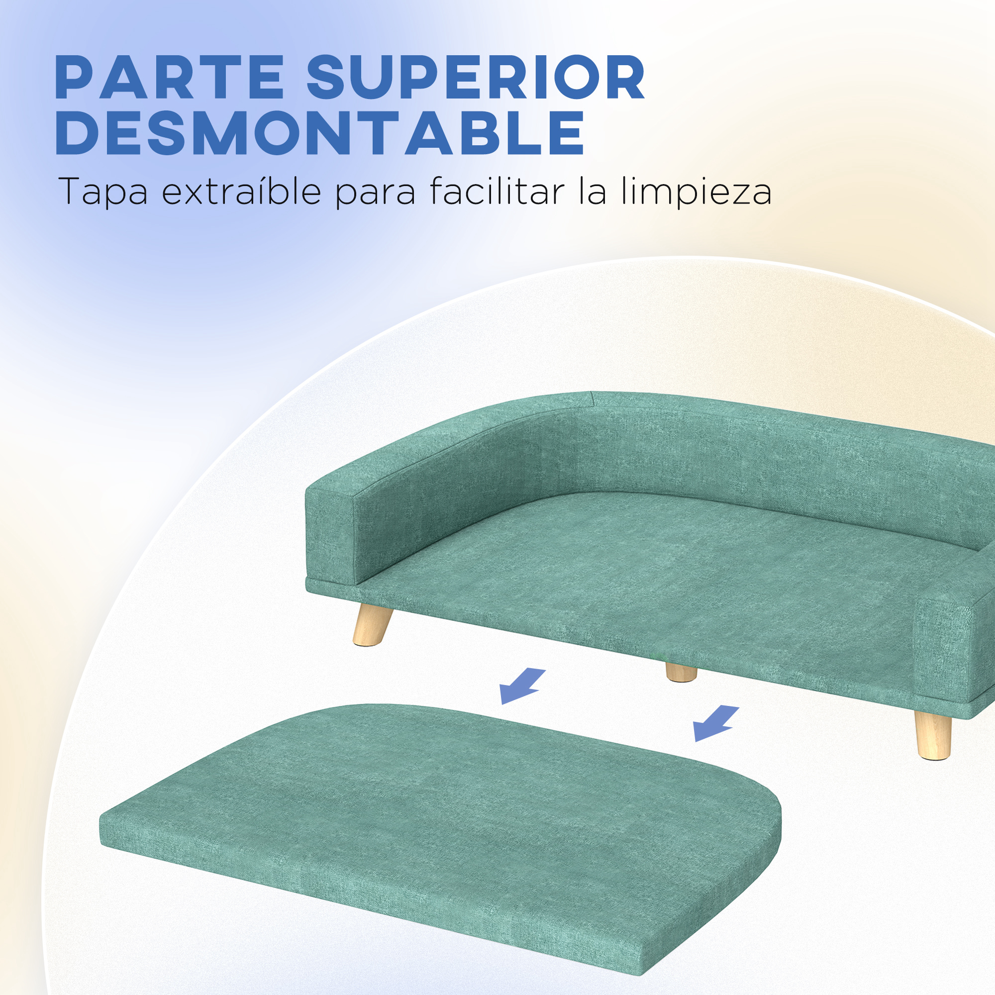 Cojín de asiento desmontable para un sillón verde azulado con patas de madera.