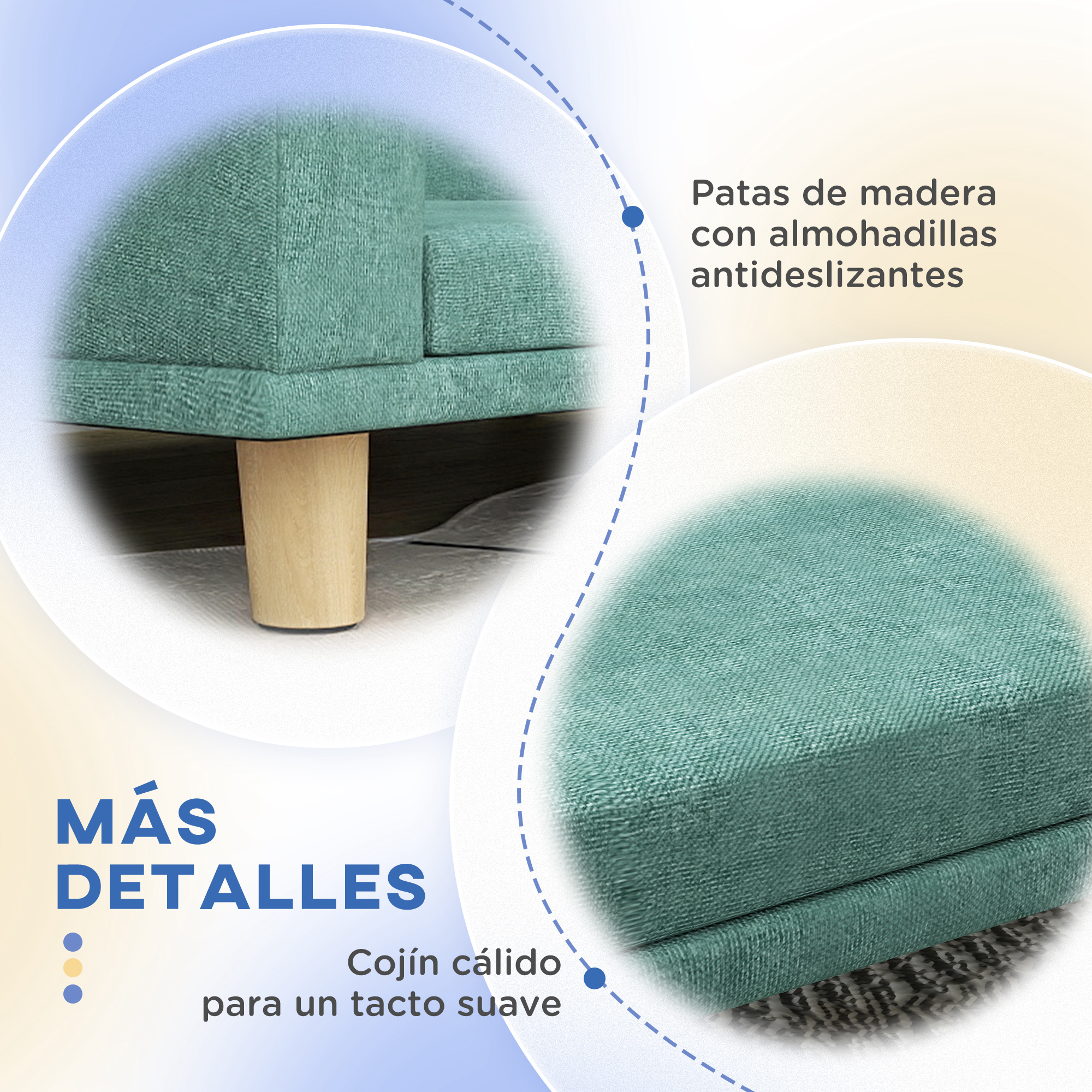Sofá verde con patas de madera y cojines suaves. Más detalles.