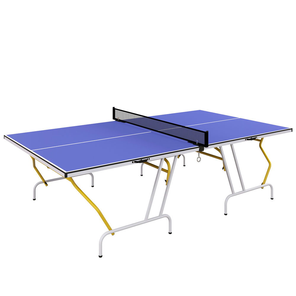 Una mesa de ping pong azul con línea central blanca y red negra.