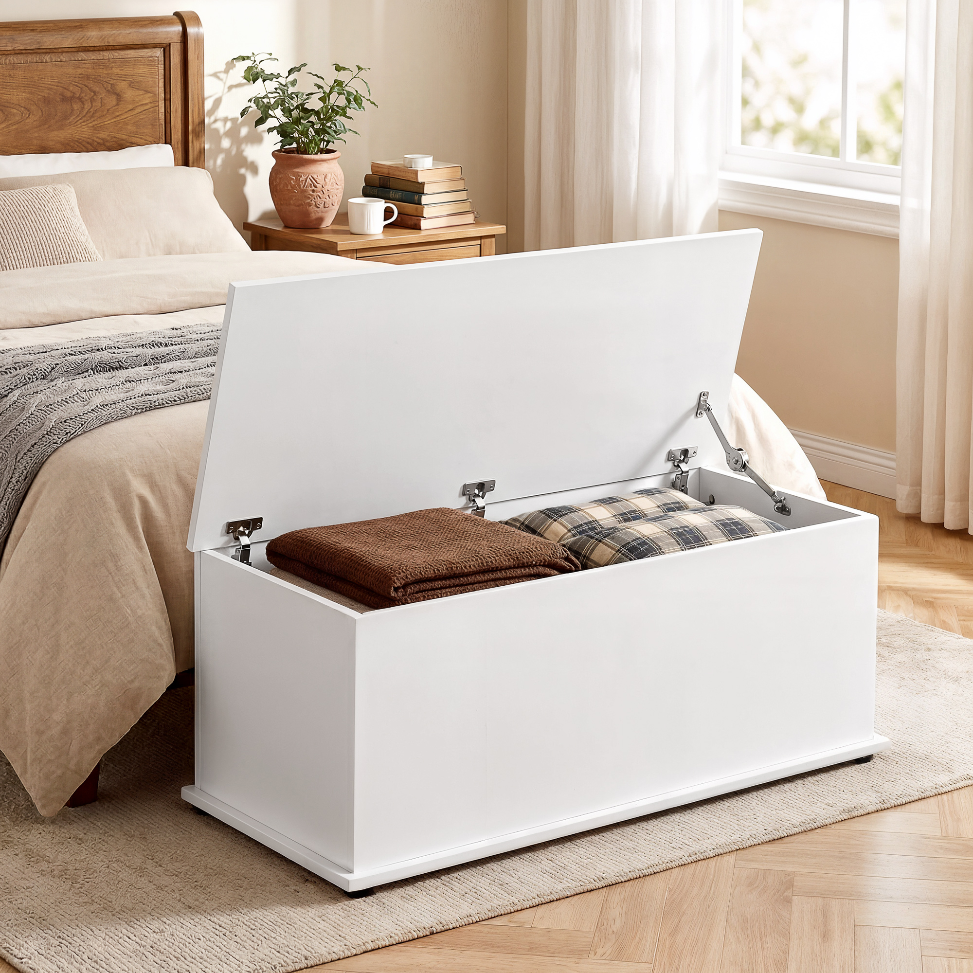 Un baúl blanco con la tapa abierta, que contiene mantas y almohadas.