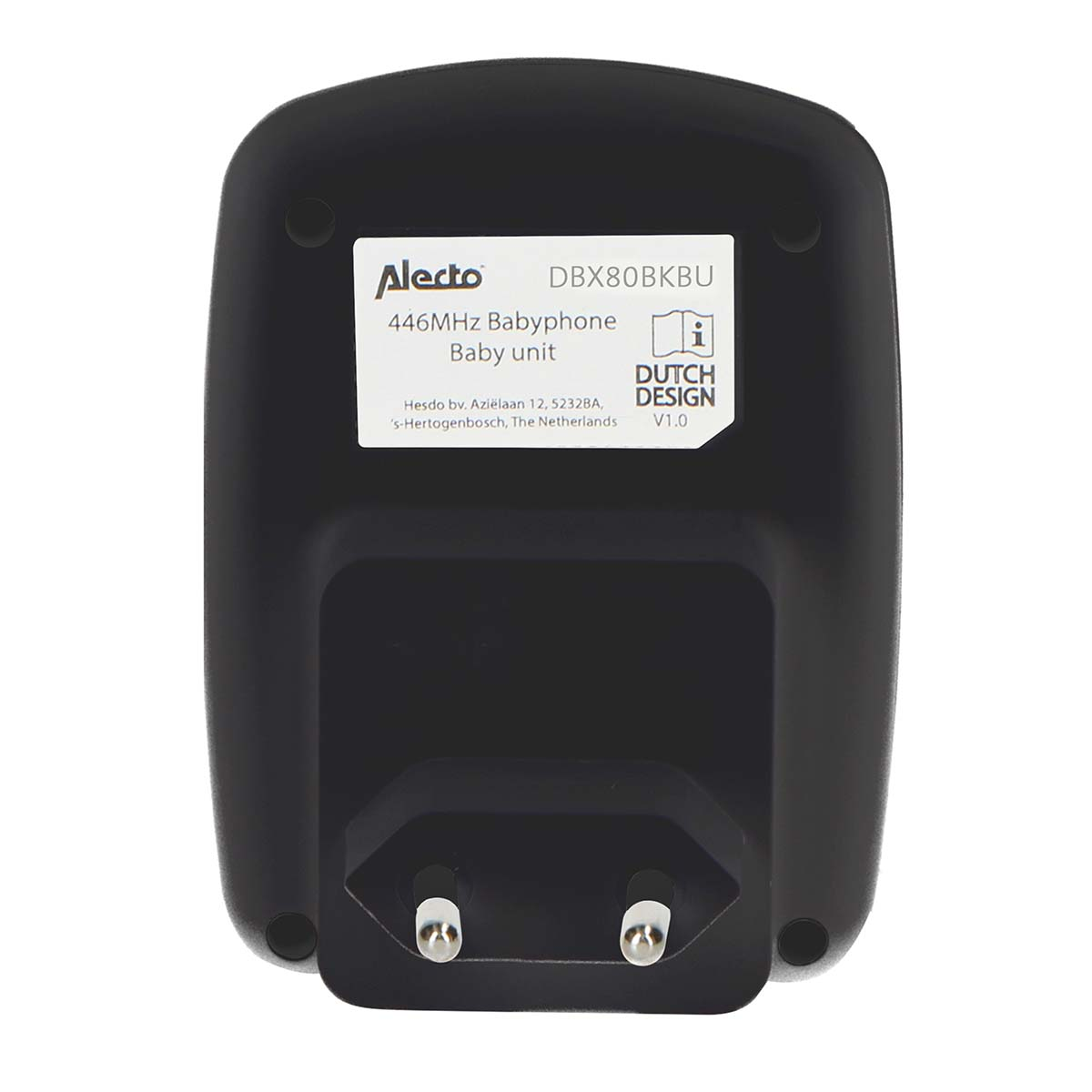 Black baby monitor unit with plug and label showing manufacturer details.