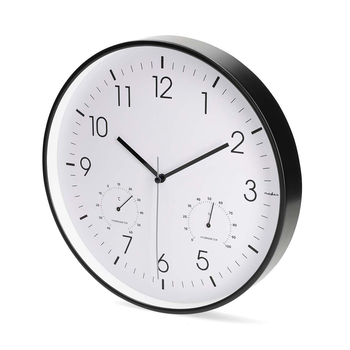 Eine schwarze Wanduhr mit weißem Zifferblatt, Thermometer und Hygrometer.