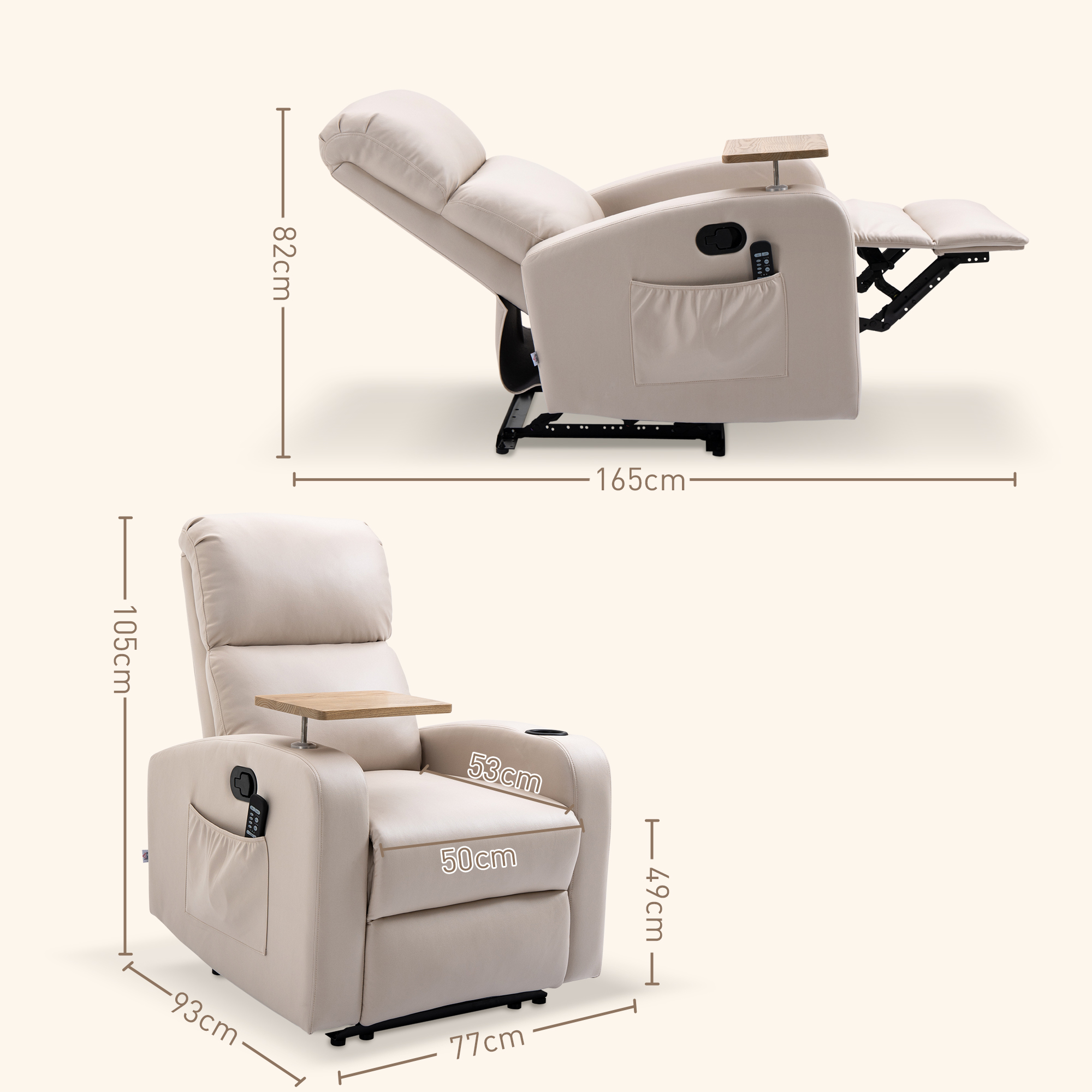 Un sillón reclinable beige con reposapiés extendido y portavasos.
