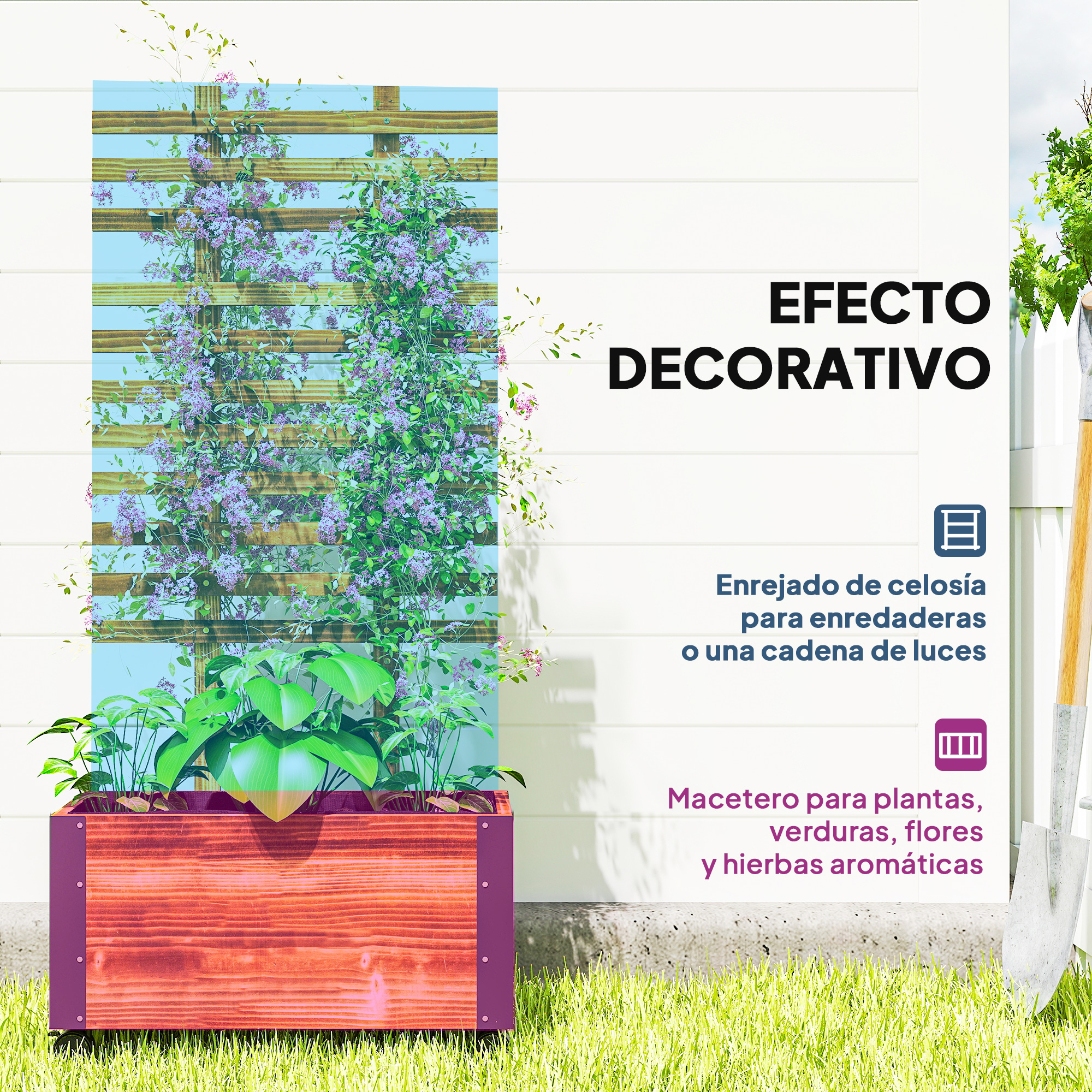 Macetero de madera con plantas trepadoras y enrejado contra pared blanca.