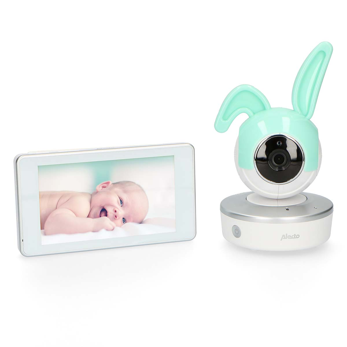 Een babyfoon met scherm en camera met konijnenoren.