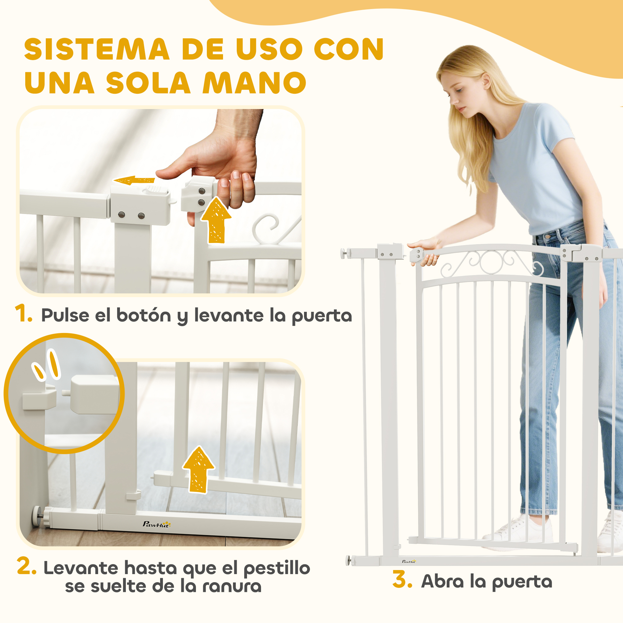 Instrucciones: Uso con una mano de barrera blanca para bebés. Presionar, levantar, abrir.