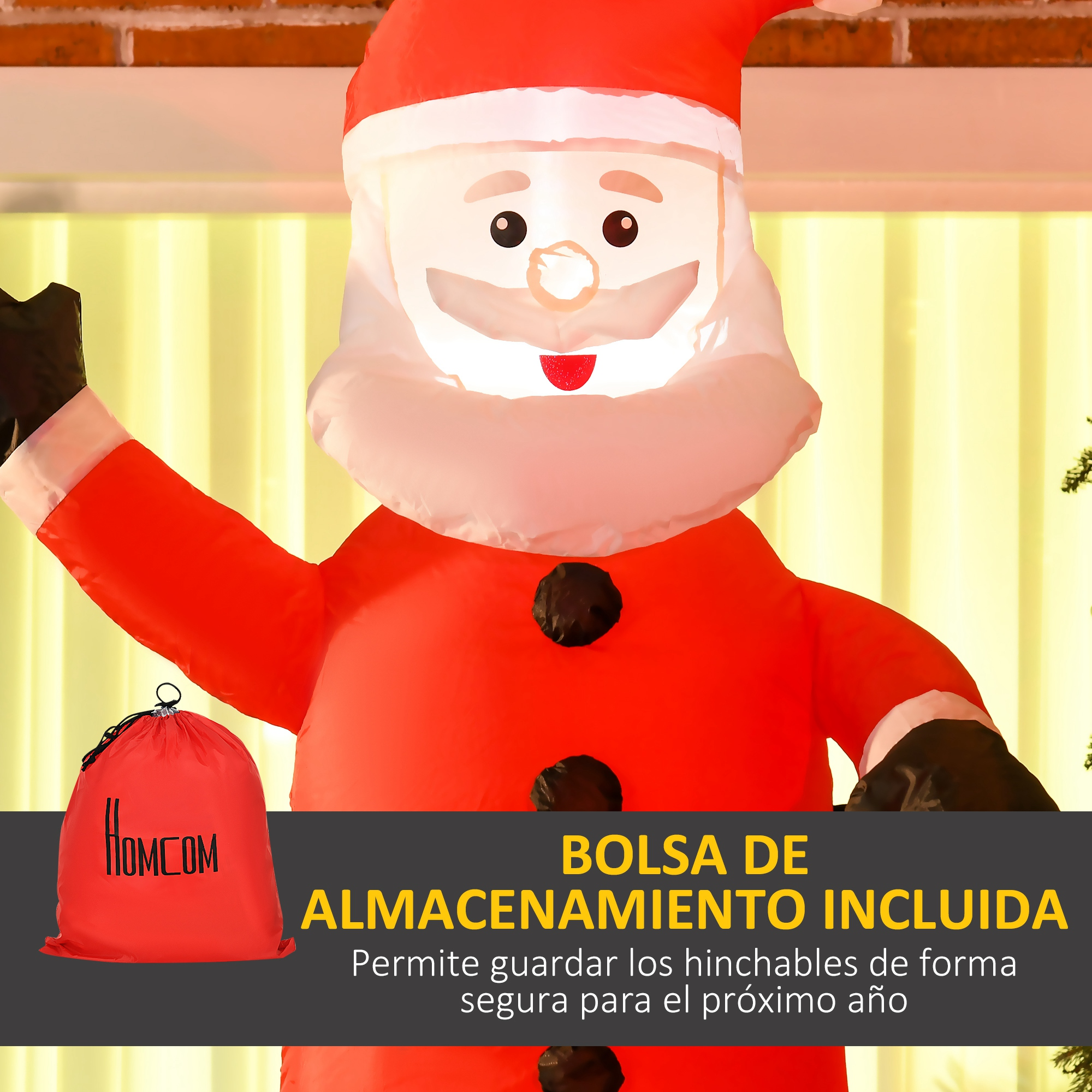 Papá Noel inflable con bolsa roja y texto sobre almacenamiento.