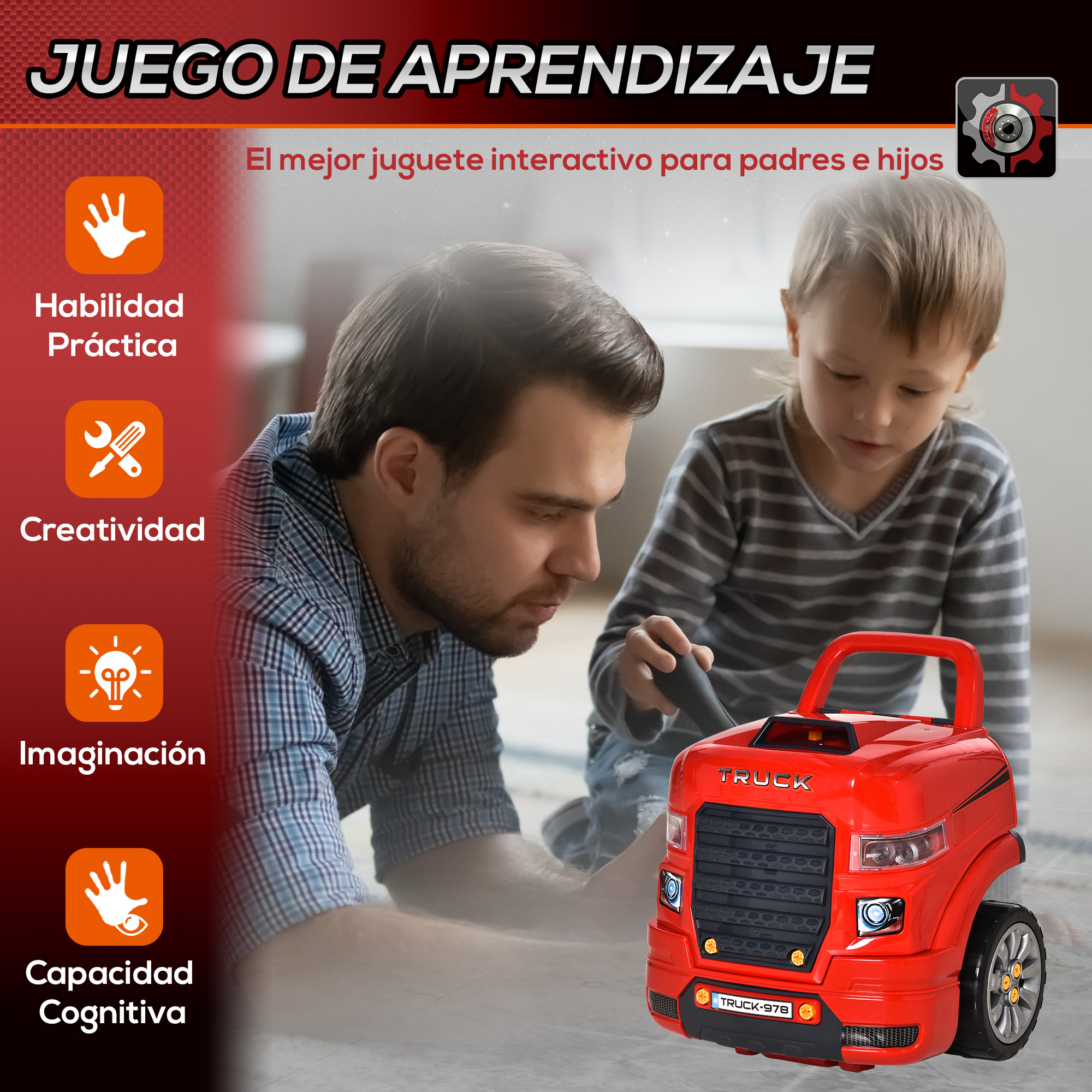 Hombre y niño jugando con un camión de juguete rojo en el suelo.