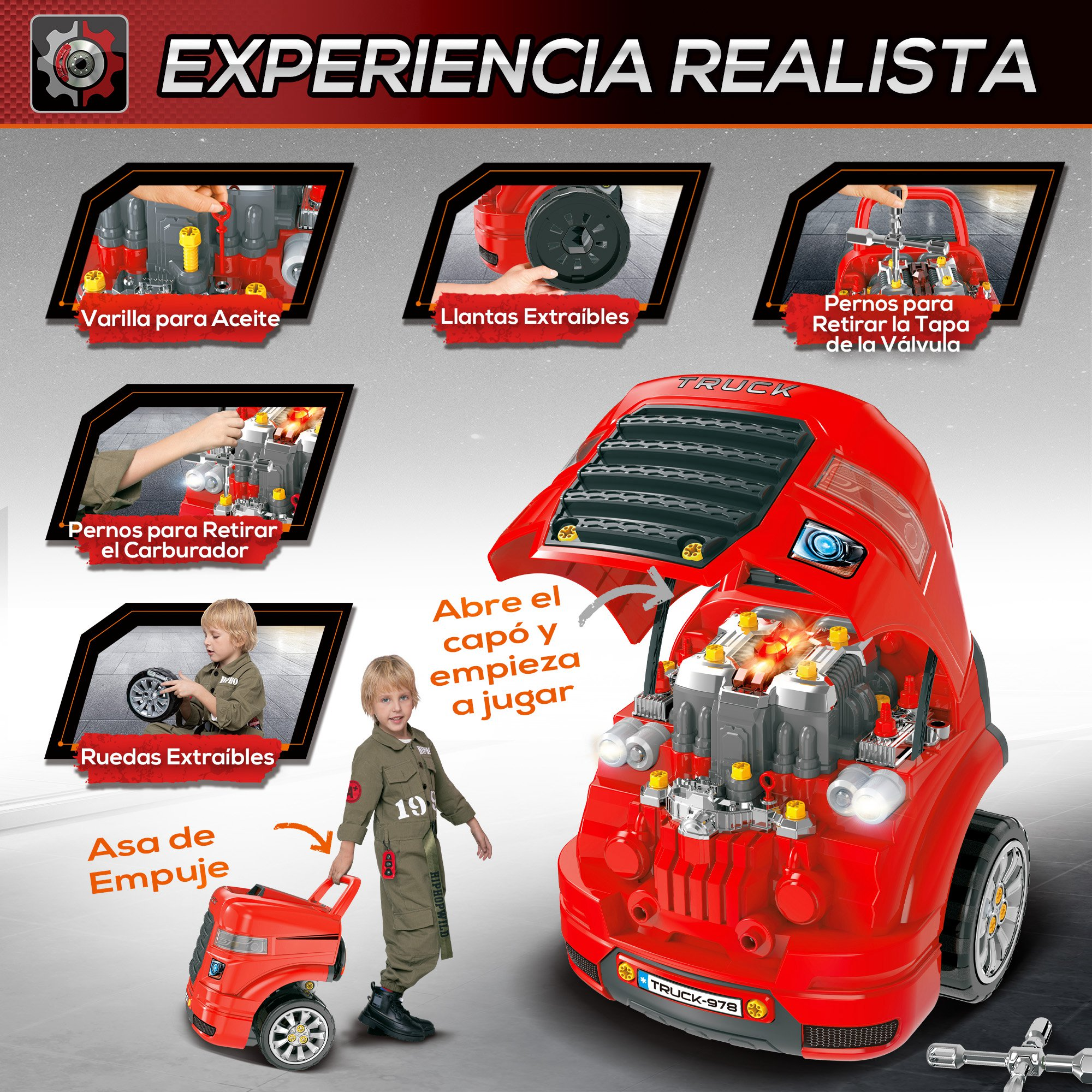 Un niño juega con un camión de juguete rojo, capó abierto, mostrando herramientas.