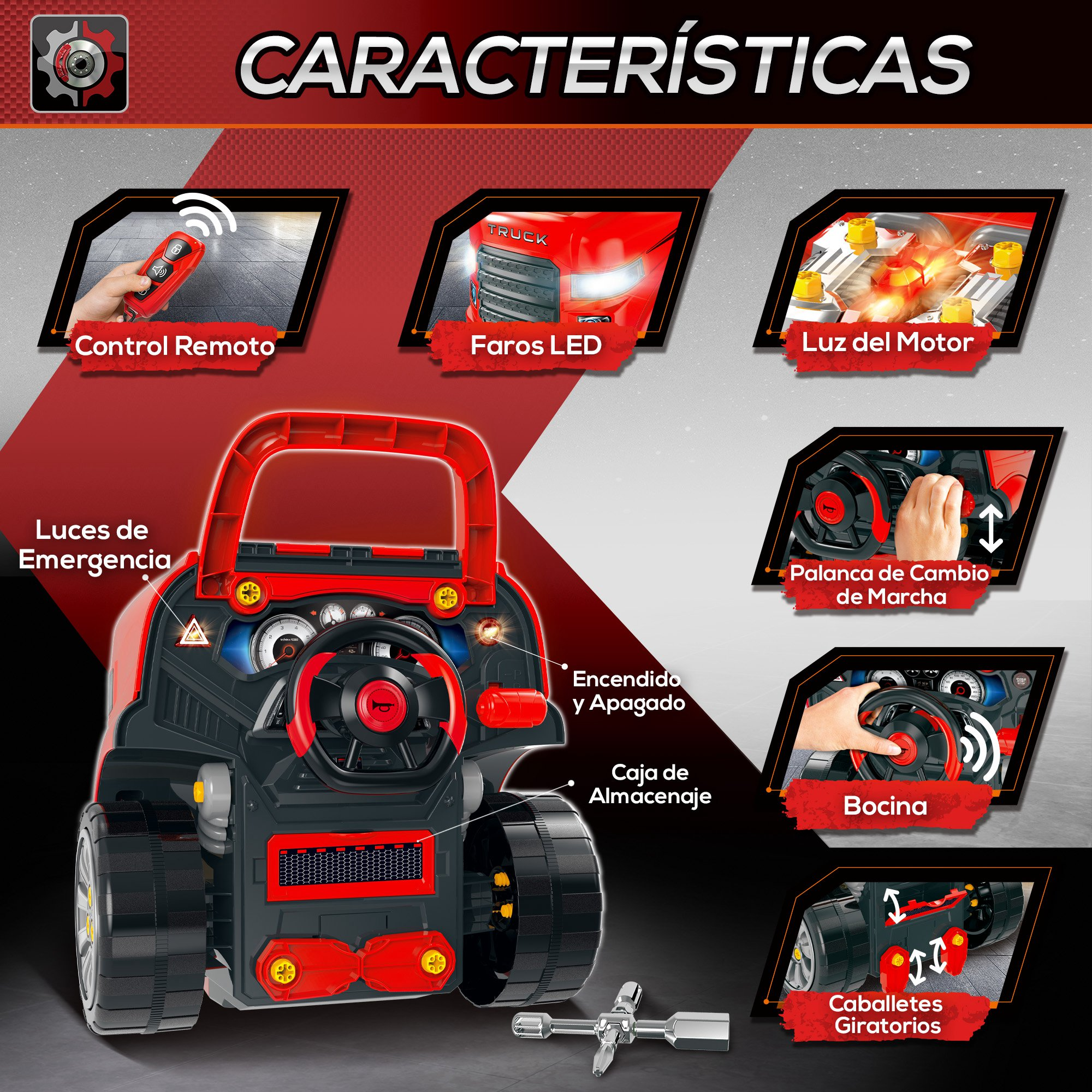 Características de un coche de juguete rojo con mando, faros LED y luz de motor.