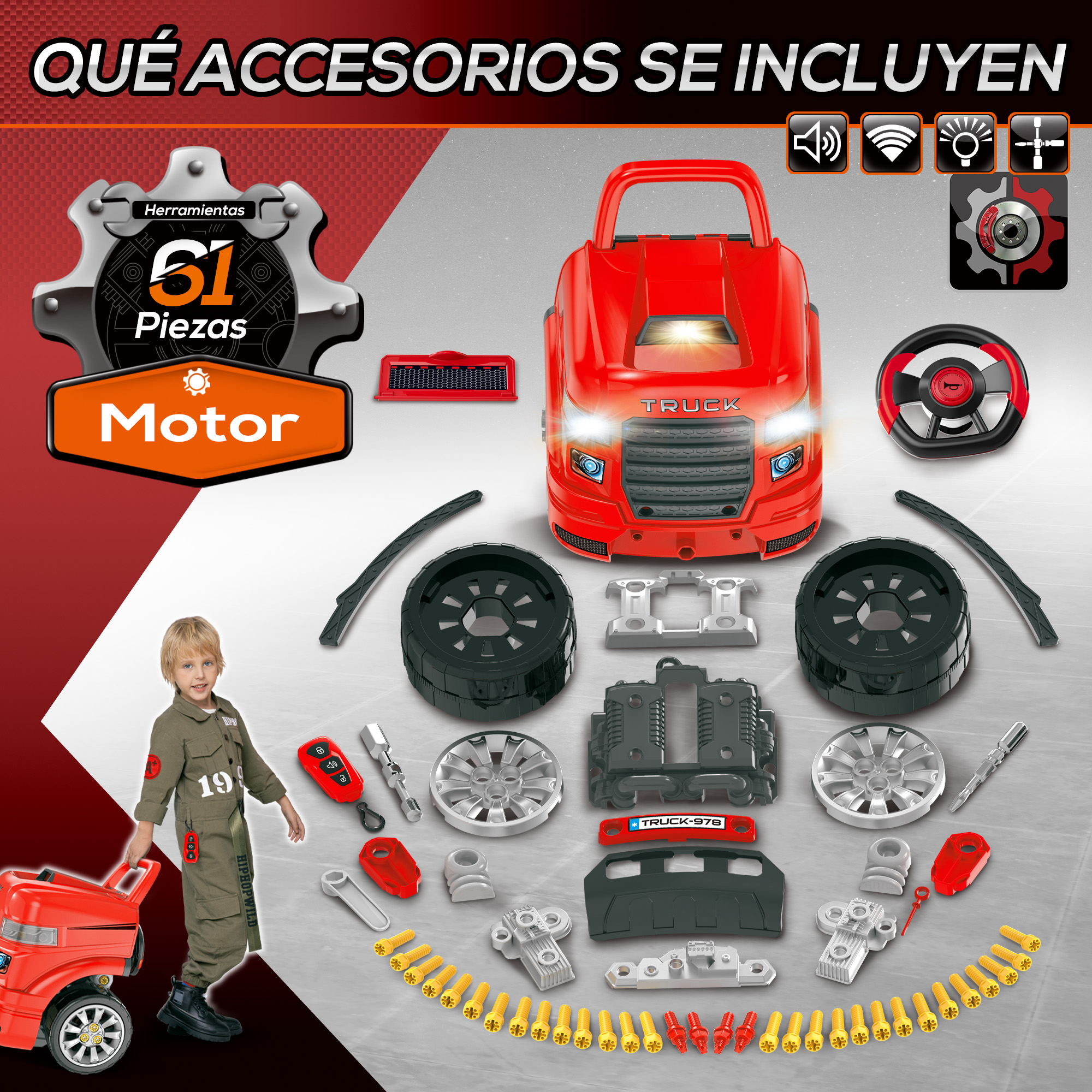Un niño con herramientas, un camión rojo y muchas piezas para montar.