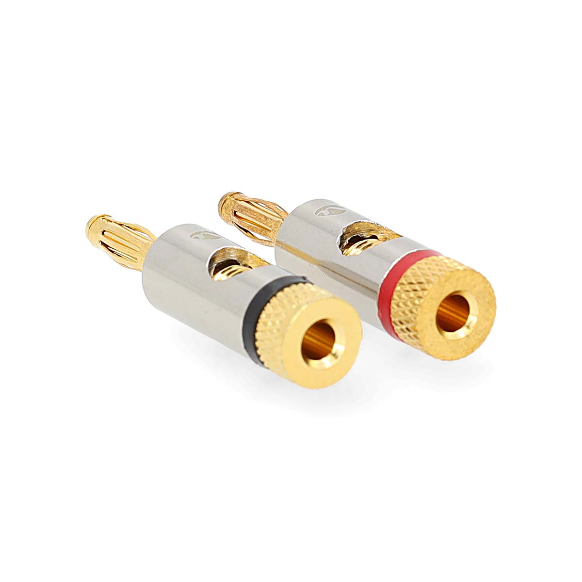 Two gold banana plugs with silver housing, one with a red ring, the other with black.