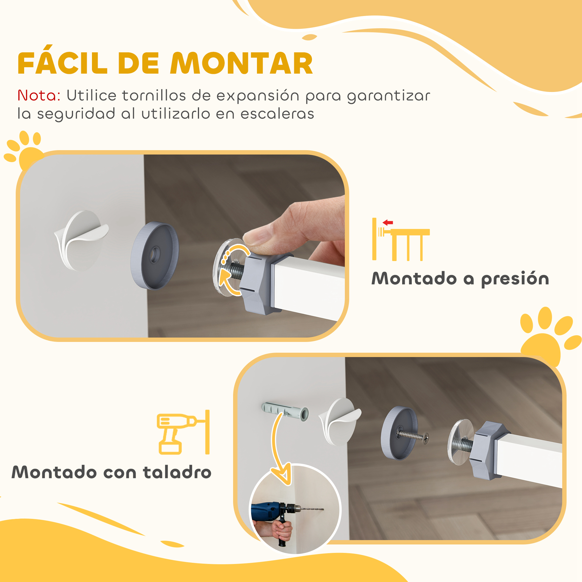 Ilustraciones muestran opciones de montaje: a presión y con taladro y tacos.