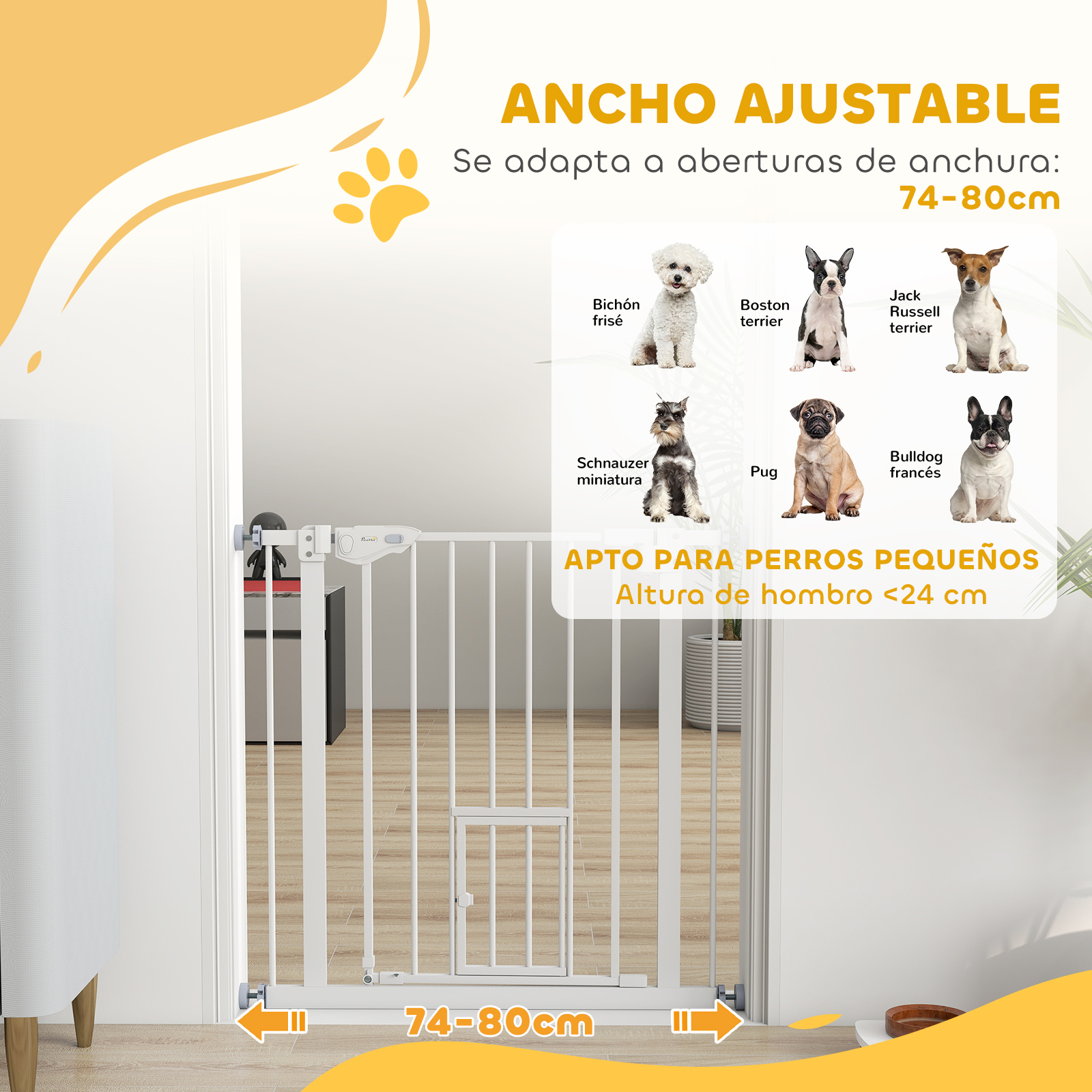 Una puerta blanca para perros con una puerta pequeña, ajustable 74-80cm.