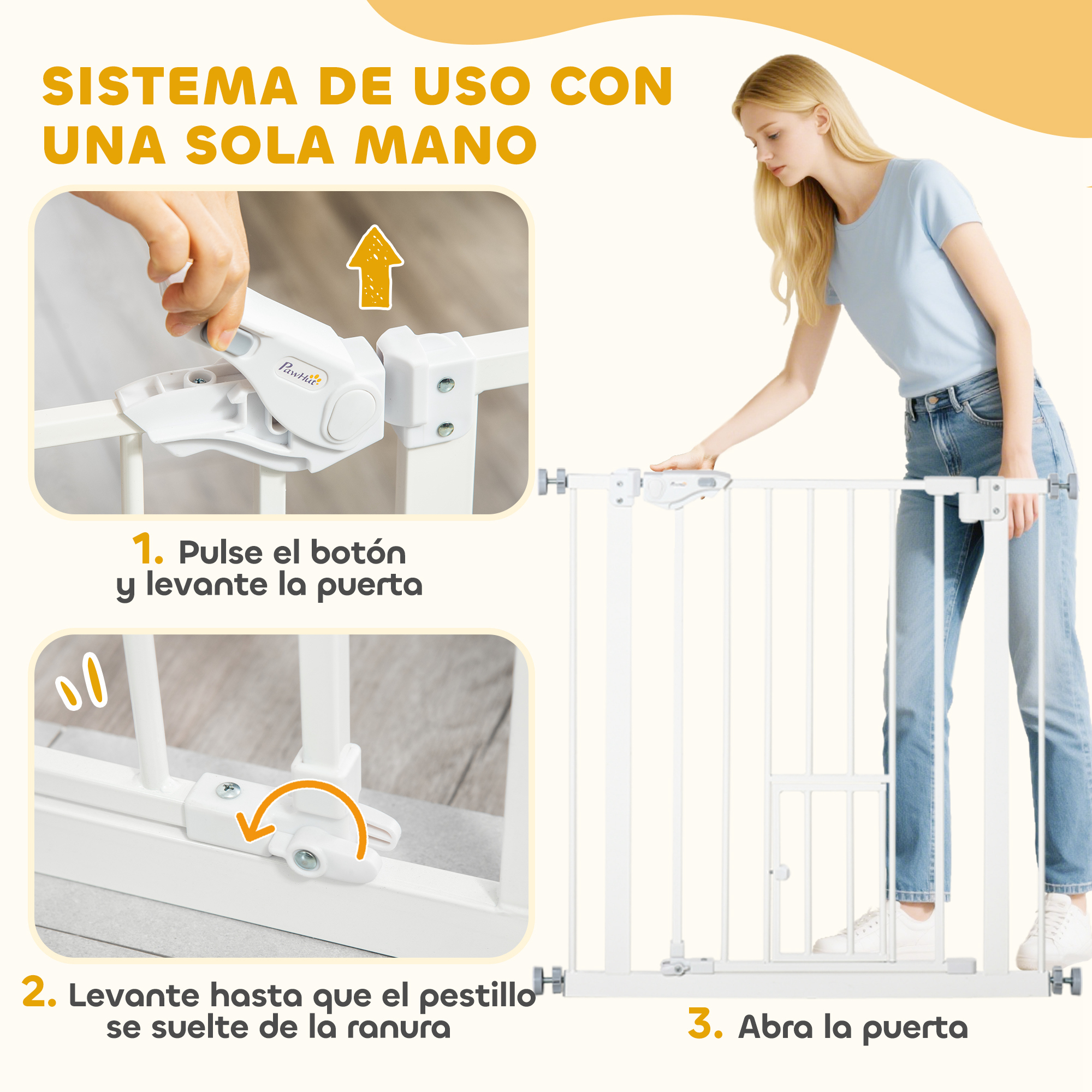 Una mujer abre una barrera blanca para bebés con una mano.