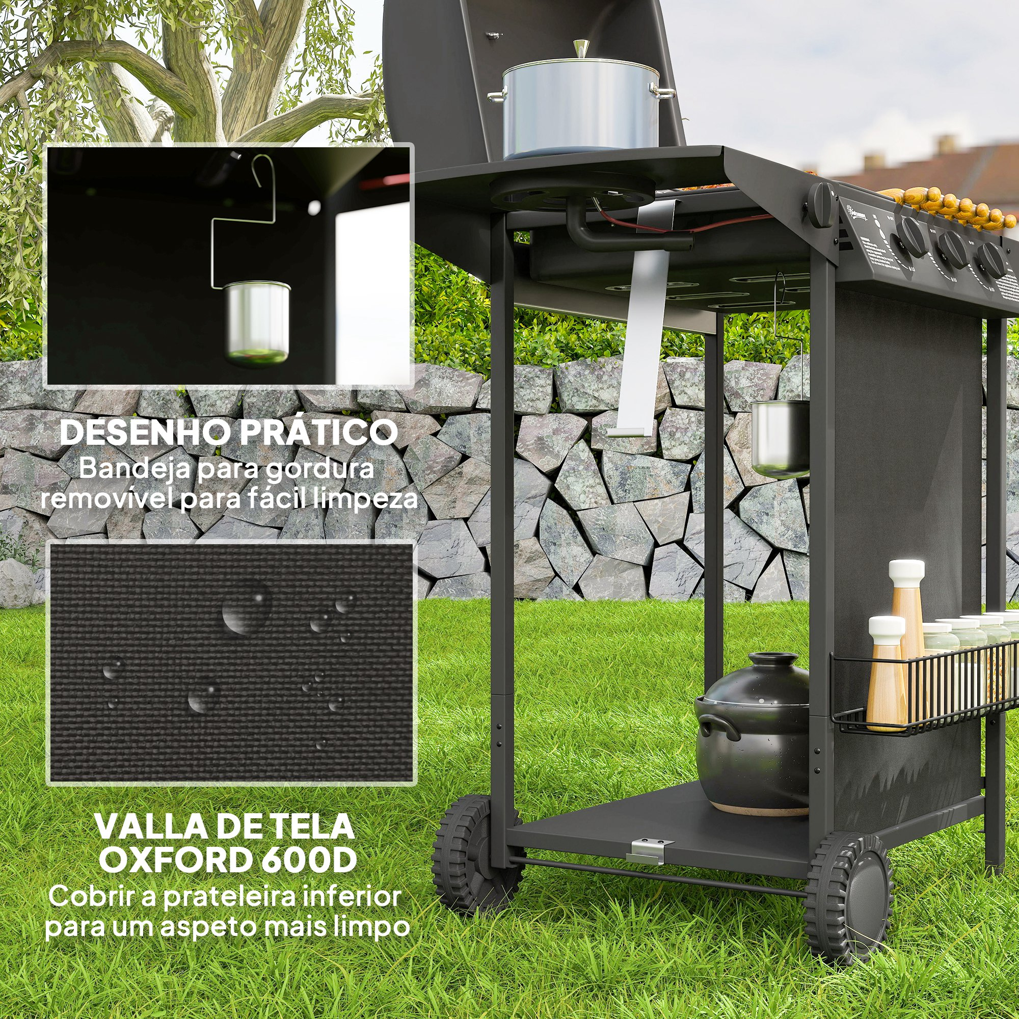 Una parrilla negra con ruedas y una olla en el estante superior, al aire libre.