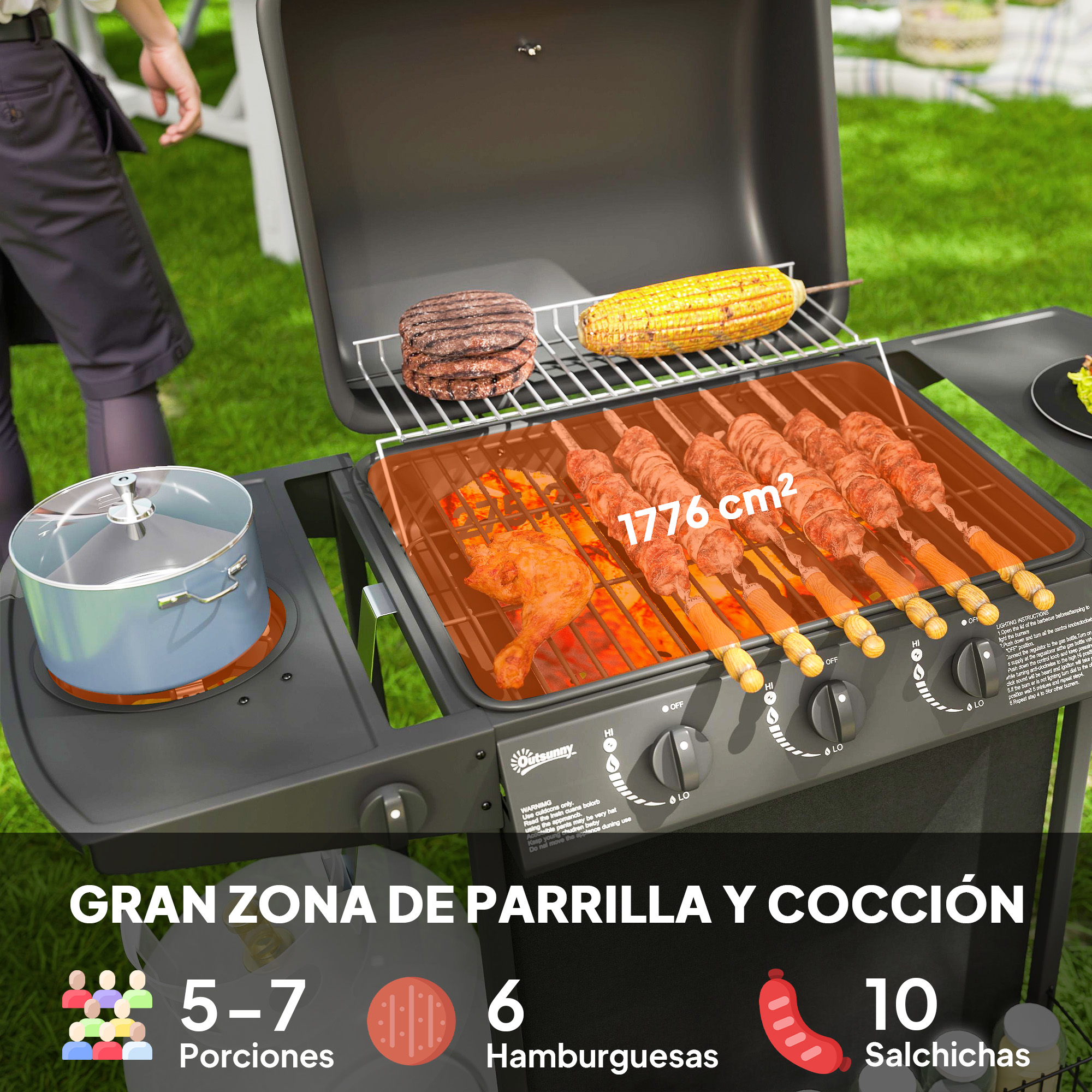 Una parrilla con hamburguesas, mazorca de maíz y brochetas, con una olla.